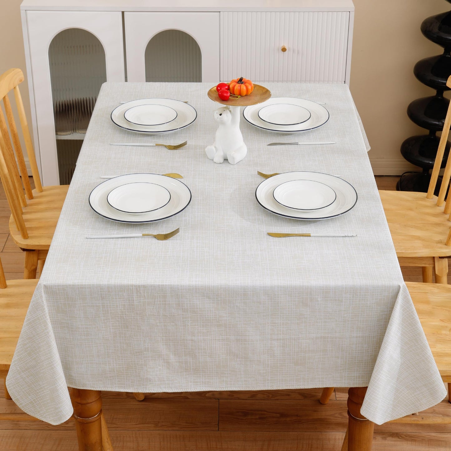 Heavy Duty Vinyl Tablecloth with Flannel Backing Waterproof Oil-Proof Plastic Table Cloth Stain-Resistant Wipeable Rectangle or Square Table Cover for Indoor and Outdoor (Beige Striped,54x54 Inch)