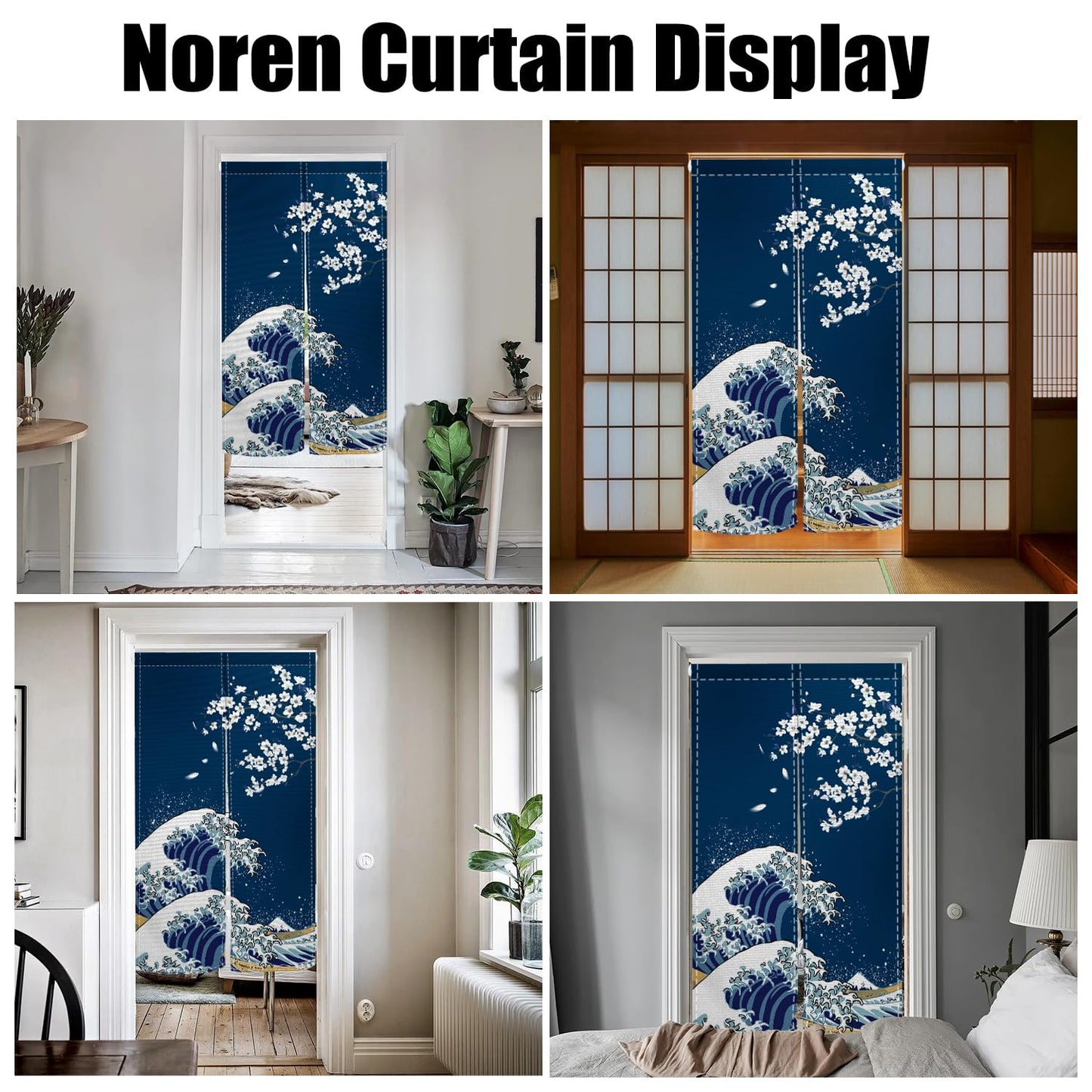 Leowefowa Japanese Noren Doorway Curtain Long Style Japanese Waves Cherry Blossom Printed Fengshui Window Treatment Door Curtain Tapestry for Room Privacy Divider Home Kitchen Decor, 33.5"x 70.9"
