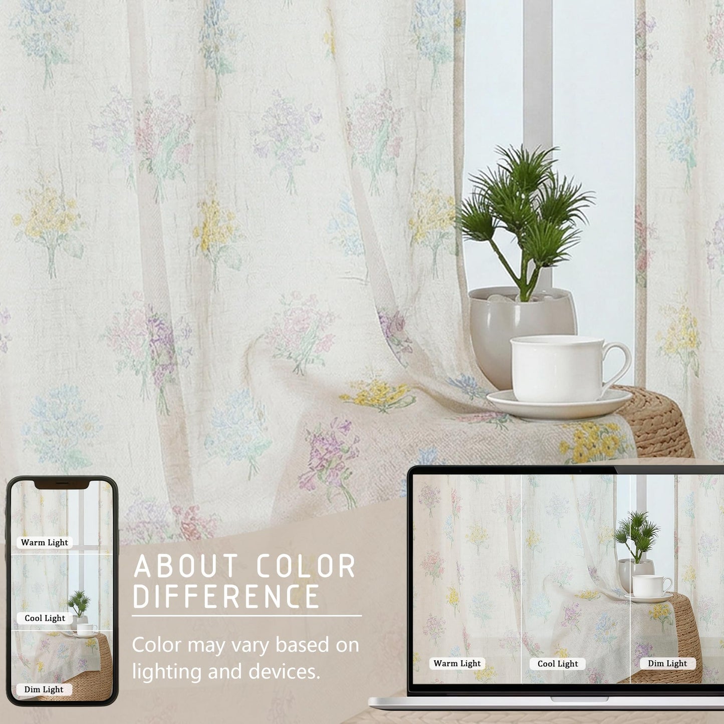 Ebesto Crushed Floral Sheer Curtains 63 Inch Length - Light Filtering Printed Sheer Flower Patterned Curtains for Bedroom, Spring Romantic Rod Pocket Window Drapes, 2 Panels, 42Wx63L Inches, Natural