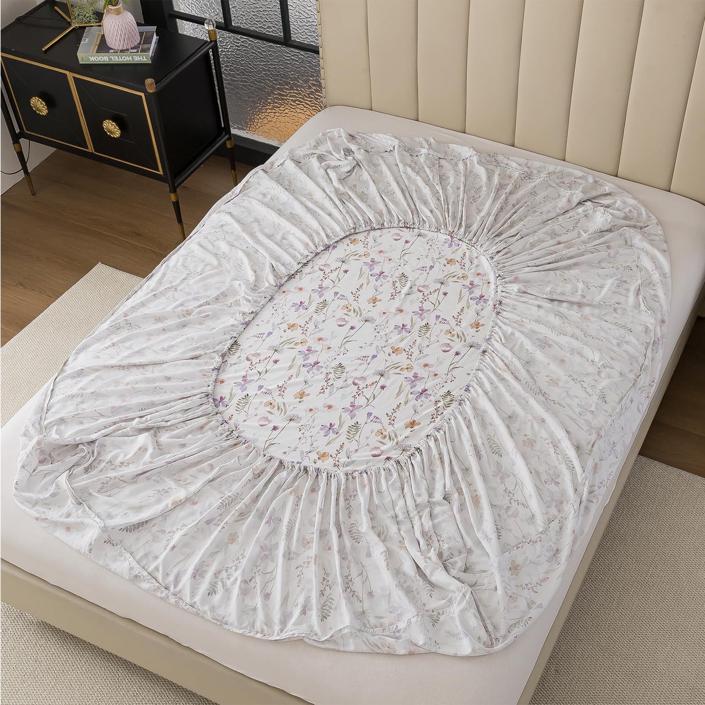 FADFAY Twin Size Sheet Set, 70% Viscose Derived from Bamboo, 30% Cotton 4 Pieces Country Style Lavender and Orange Floral Print Bedding, Deep Pocket Fitted Sheet