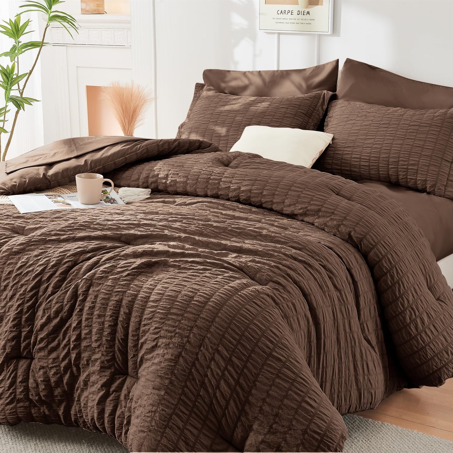 HYMOKEGE Dark Brown Twin Comforter Set Seersucker 5 Pieces, All Season Luxury Bed in a Bag for Bedroom, Bedding Set with Comforter, Sheets, Pillowcase & Sham