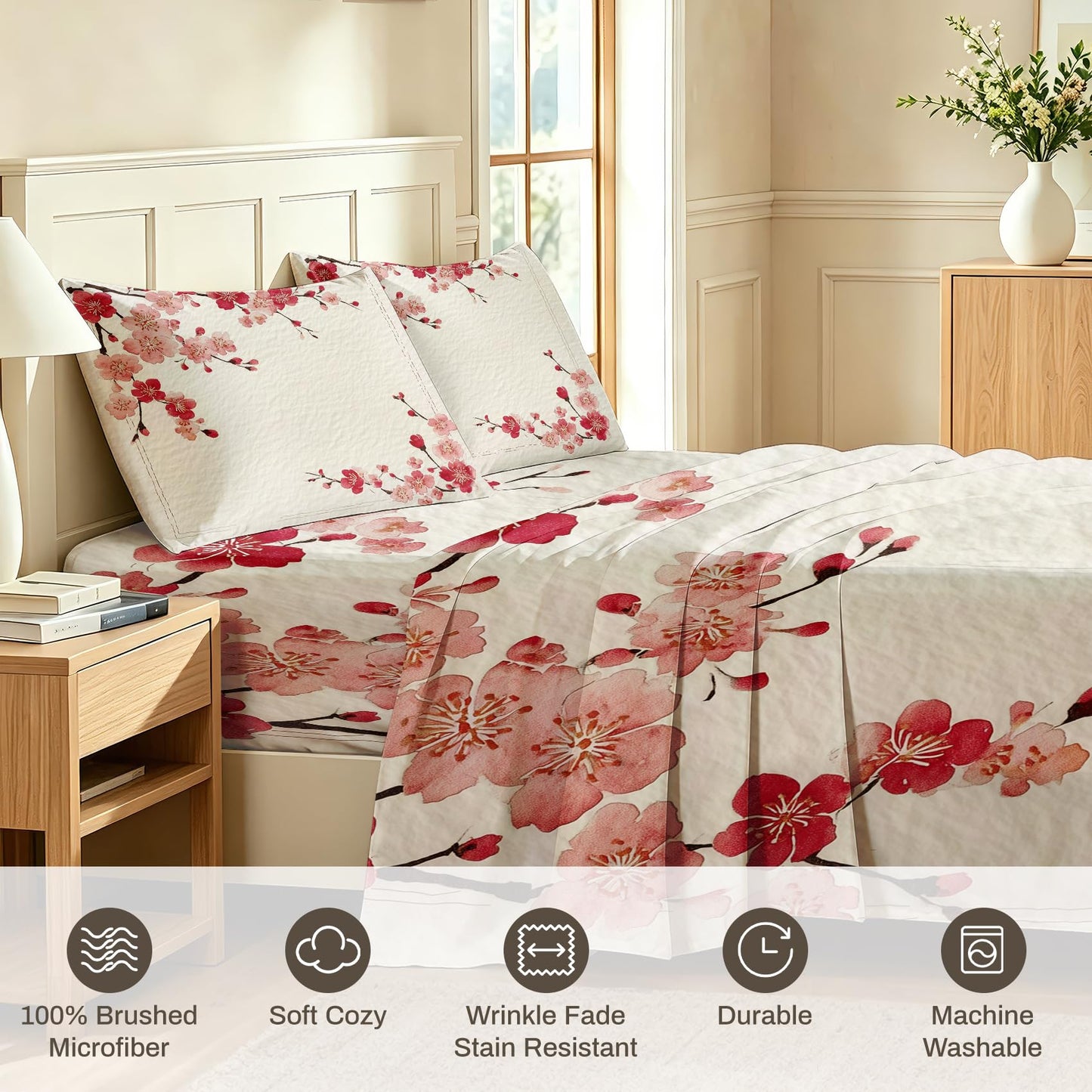 Cherry Blossom California King Sheet Set Red Flower Flat Fitted Sheet Sets