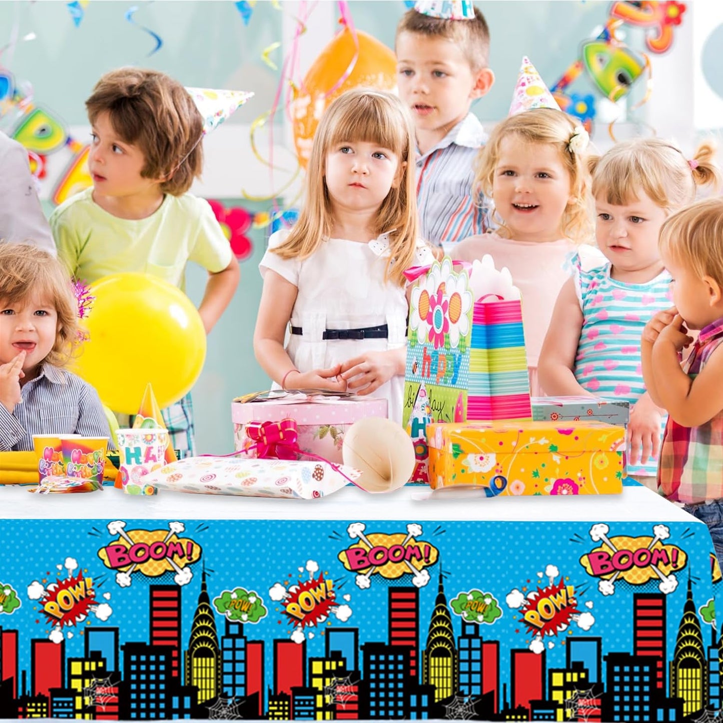 LANHYER 2Pack Super Theme Hero Tablecloth Birthday Party Decoration Include Tableware Supplies Tablecloth for Cityscape Kids Baby Shower Birthday Party Decorations