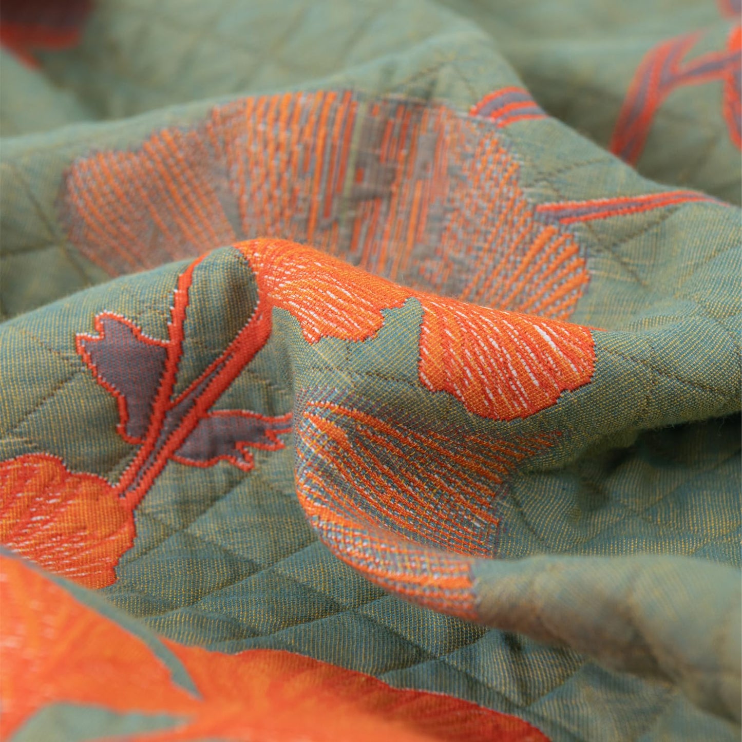 Purefair 100% Cotton Muslin Blanket Jacquard Green Orange Floral Ginkgo Leaves Quilt, Soft Bed Cover Lightweight Breathable Gauzy Reversible Bedspread Coverlet Full/Queen(78"x94"), No Pillow Sham