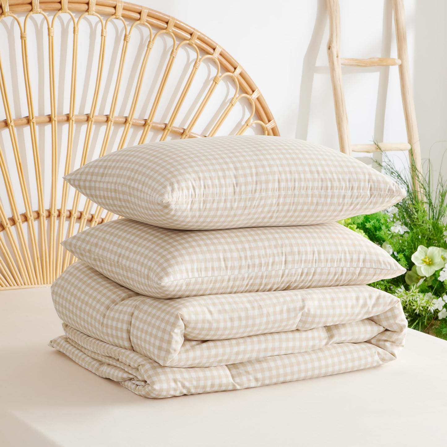 Erwinmu Gingham Comforter Set King Size - 3 Pieces Beige White Gingham Comforter Bedding Sets Checkered Pattern,Kingsize Bed in a Bag with Plaid Comforter and 2 Pillowcases