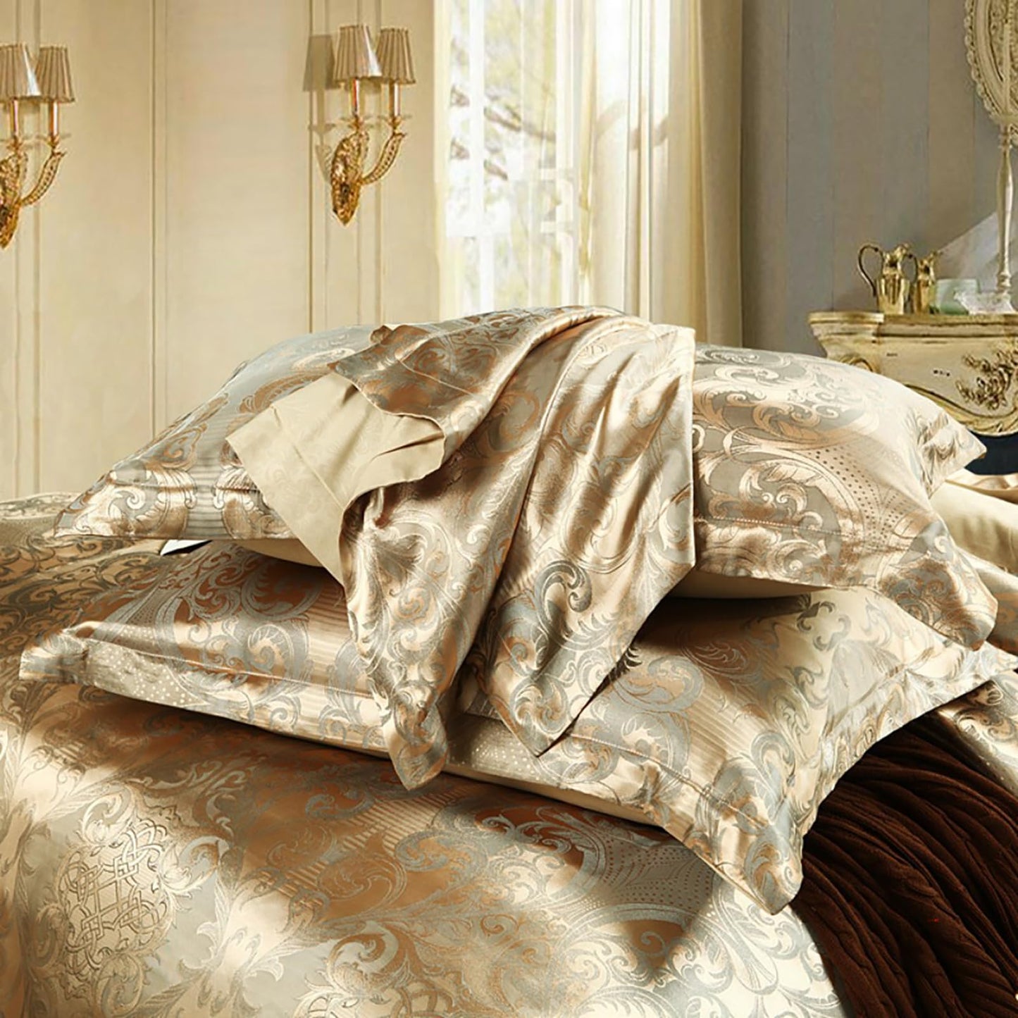 TUMAN Pro Duvet Cover Set European Luxury Satin Embroidery 3-Piece Bedding Set Soft Comfortable and Lightweight Rose Gold Full Duvet Cover (No Quilt) (Rose Gold, Full)