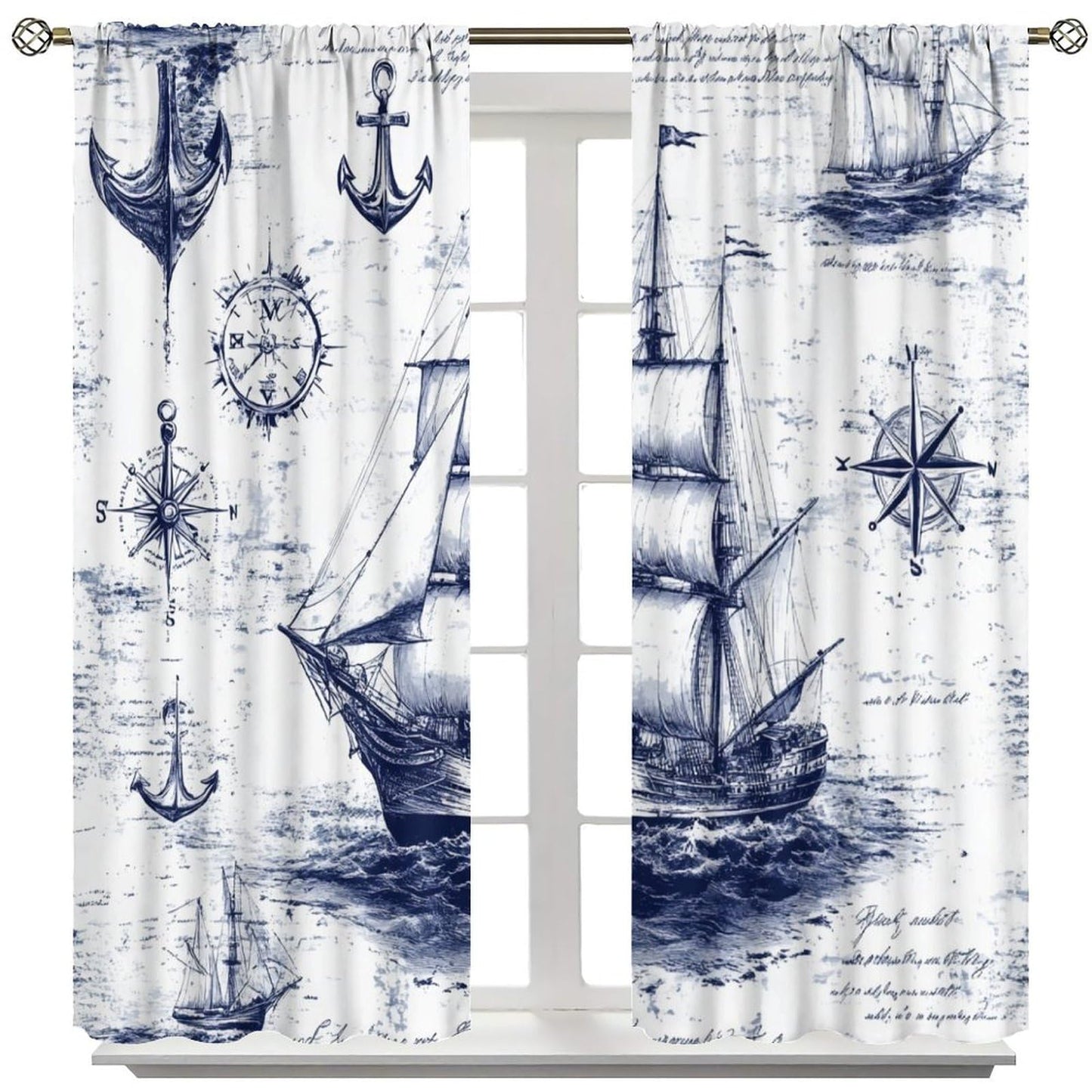 TOWINSFB Medieval Pirate Ship Blackout Curtains for Living Room Bedroom, Vintage Nautical Sailboat Compass Window Curtains Rod Pocket Thermal Insulated Window Drapes, 2 Panels, Each 21W x 45L
