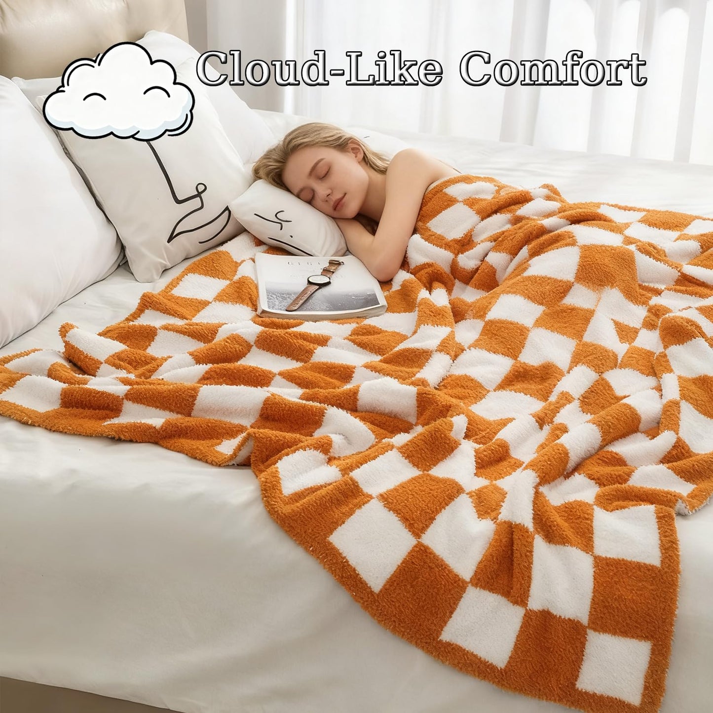 MorroMorn Checkered Throw Blanket for Couch, Orange Throw Blanket 2-Layers Soft Cozy Fleece Plaid Blankets Checkerboard Grid - Fluffy Fuzzy Plush Warm for Sofa Chair Bed Decor Gifts, 50x60 inches