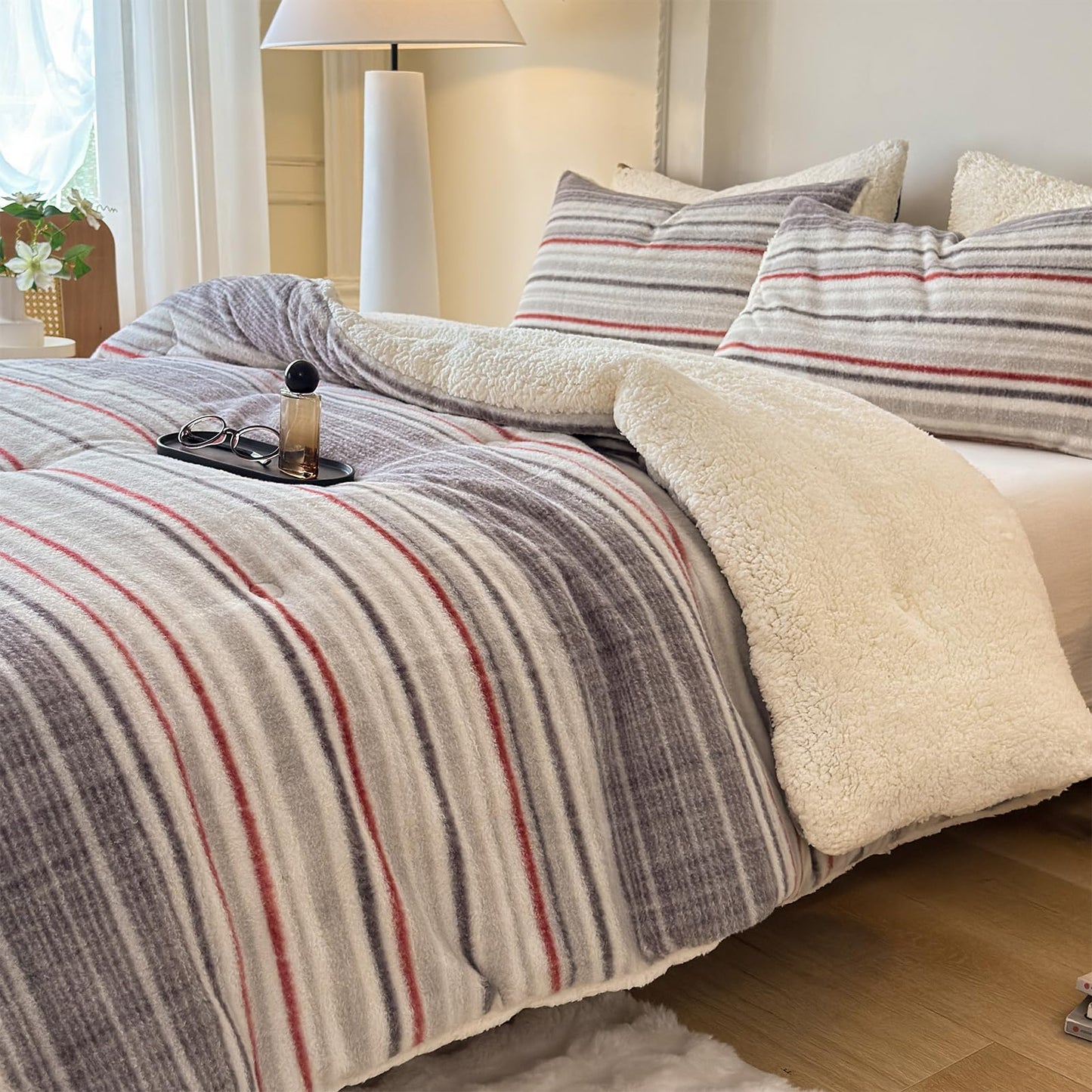 Cyusri Striped Sherpa Comforter Set 2Pcs Fluffy Warm Fleece Down Alternative, Grey Red Bedding Set with 1 Pillowcase, Twin Size 68"x90"