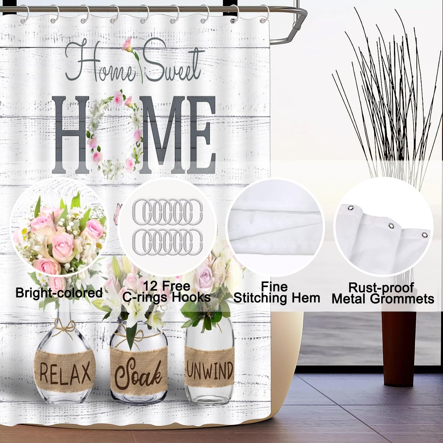 ALEXEX 4 PCS Pink Roses and Lilies Shower Curtain Sets,Home Sweet Bathroom Set with Shower Curtain and Rugs and Accessories,Farmhouse Country Shower Curtain Bathroom Decor with 12 Hooks,72 X 72 Inches