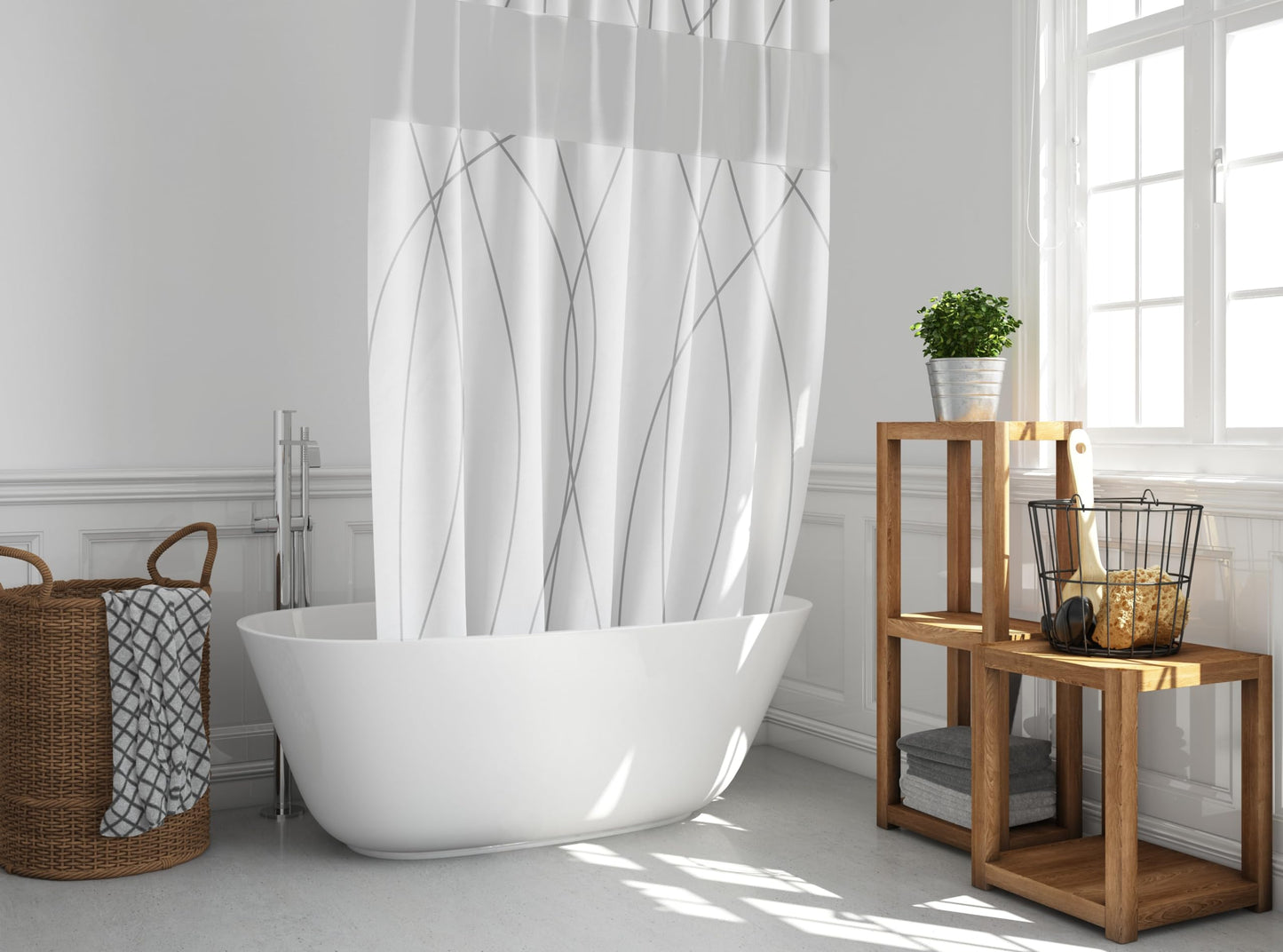 No Hook Shower Curtain with Snap in Liner - Fabric with Mesh Window - No Hook Shower Curtain and Liner Set - White Shower Curtain Liner for Bathroom - 71 x 74 inches