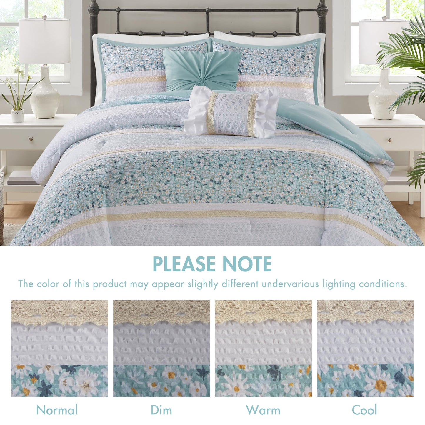Madison Park Comforter Set, Seersucker Floral King Size Comforter Sets, Microfiber Comforters, All Season Lightweight Comforter, Throw Pillows, Caralie, King/Cal King Aqua 5 Piece