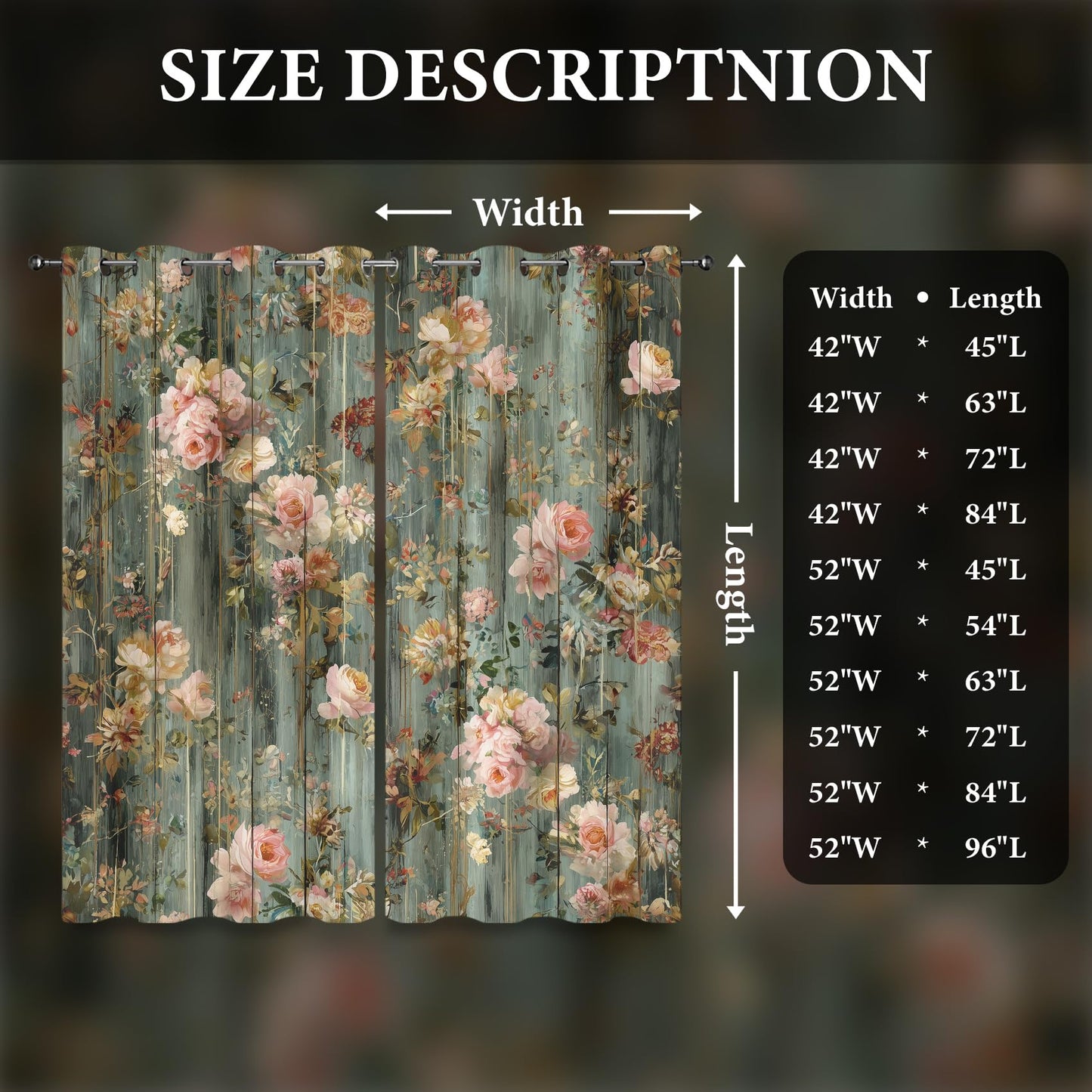 Vintage Floral Blackout Curtains for Bedroom 63 inch Long