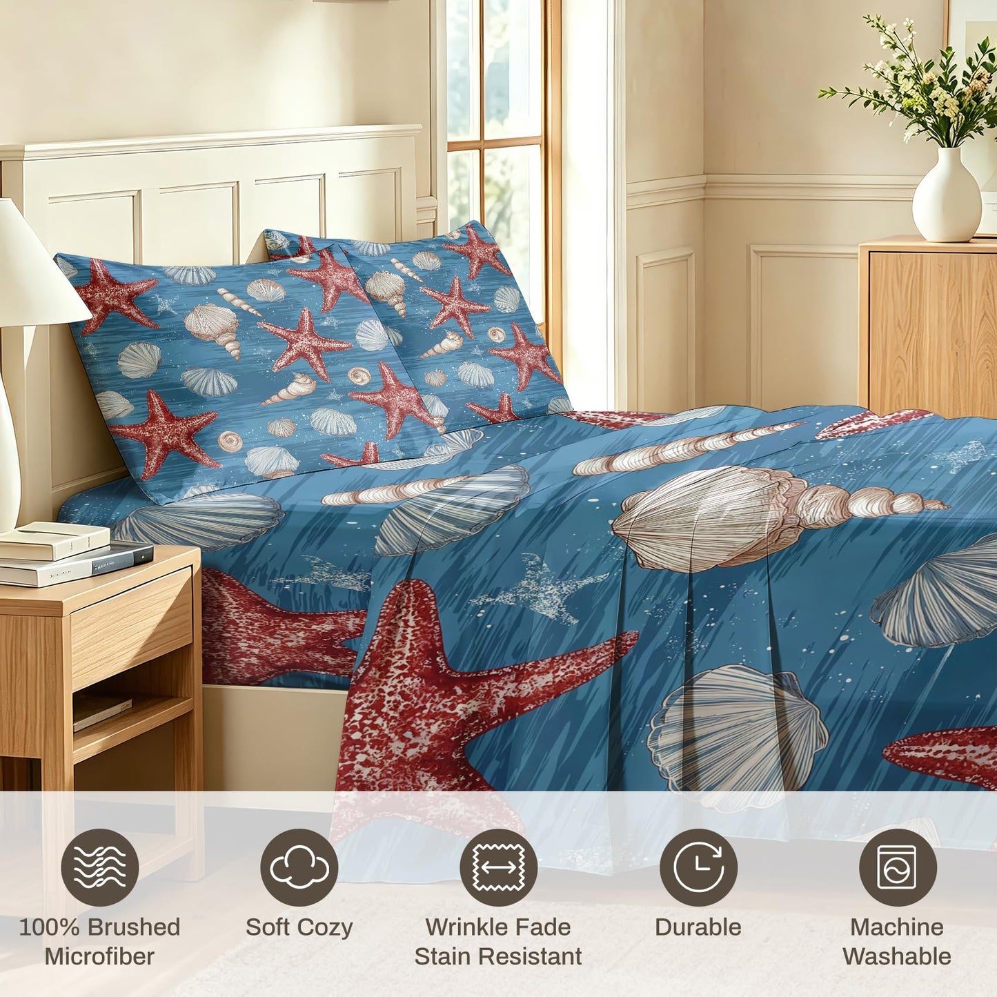 Starfish Queen Sheet Set Seashell Flat Fitted Sheet Sets