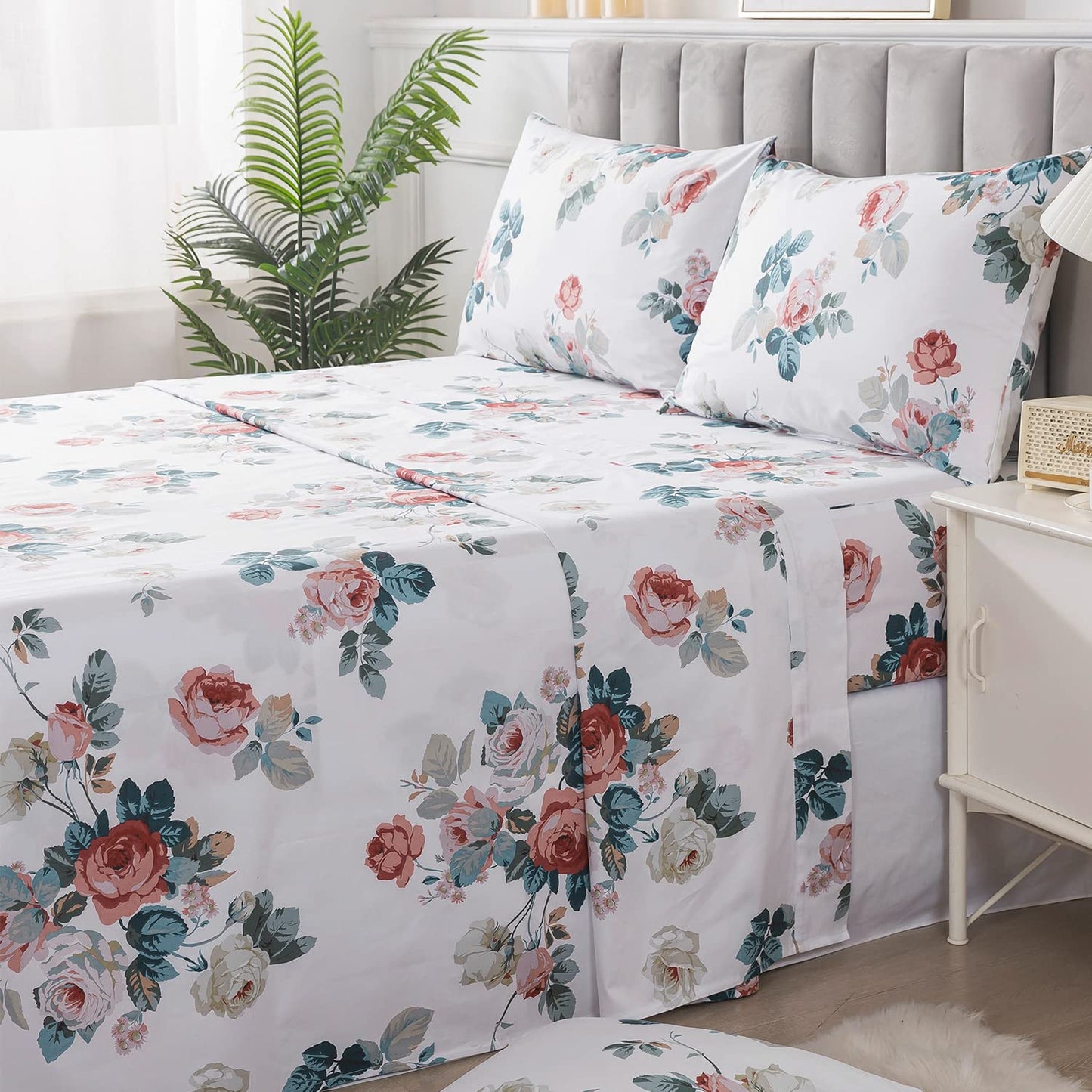 FADFAY Floral Cotton Sheets Queen 100% Cotton Flower Bed Sheets Pink White Dark Blue Leaf Print Shabby Vintage Sheet Set Chic Farmhouse Bedding Soft Crisp Breathable Deep Pocket Fitted Sheet 4Pcs