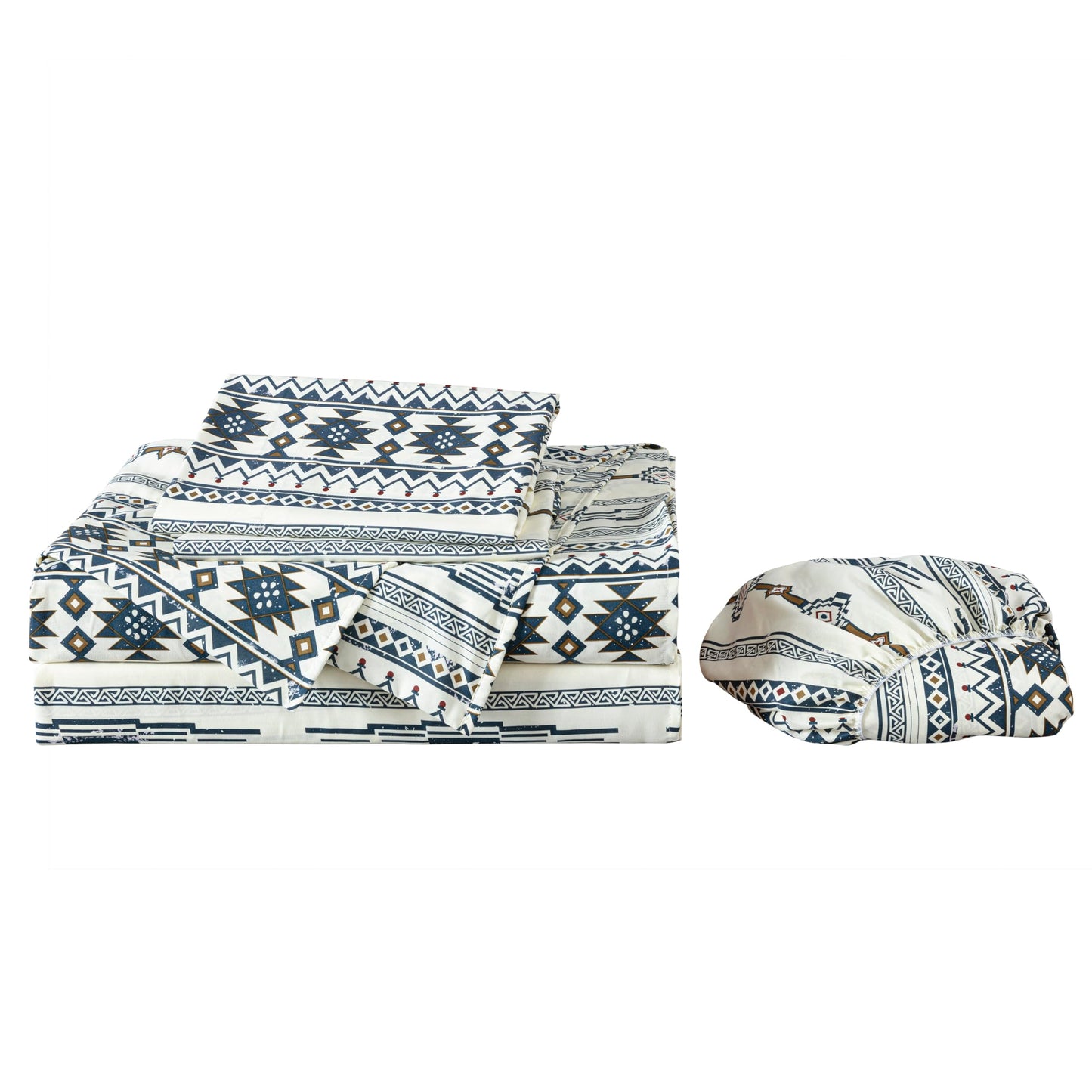 Chezmoi Collection 4-Piece Southwestern Tribal Lodge Bed Sheet Set, Queen Size - Ivory Navy Brown Red Printed Microfiber Soft Breathable Deep Pocket Sheets and Pillowcases Set