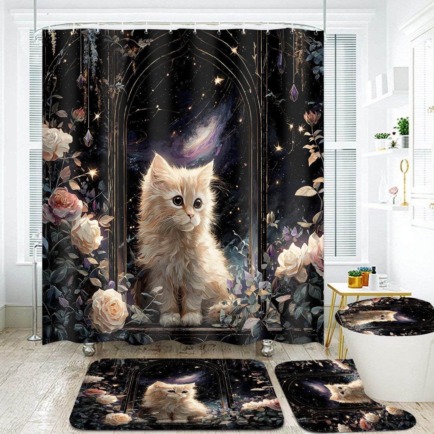 4Pcs Cat Starry Shower Curtain Sets with Non-Slip Rugs, Toilet Lid Cover and Bath Mat, Rose Pet Pattern Home Bathroom Decor Set Accessories Waterproof Shower Curtains with 12 Hooks, 72 x 72 Inch