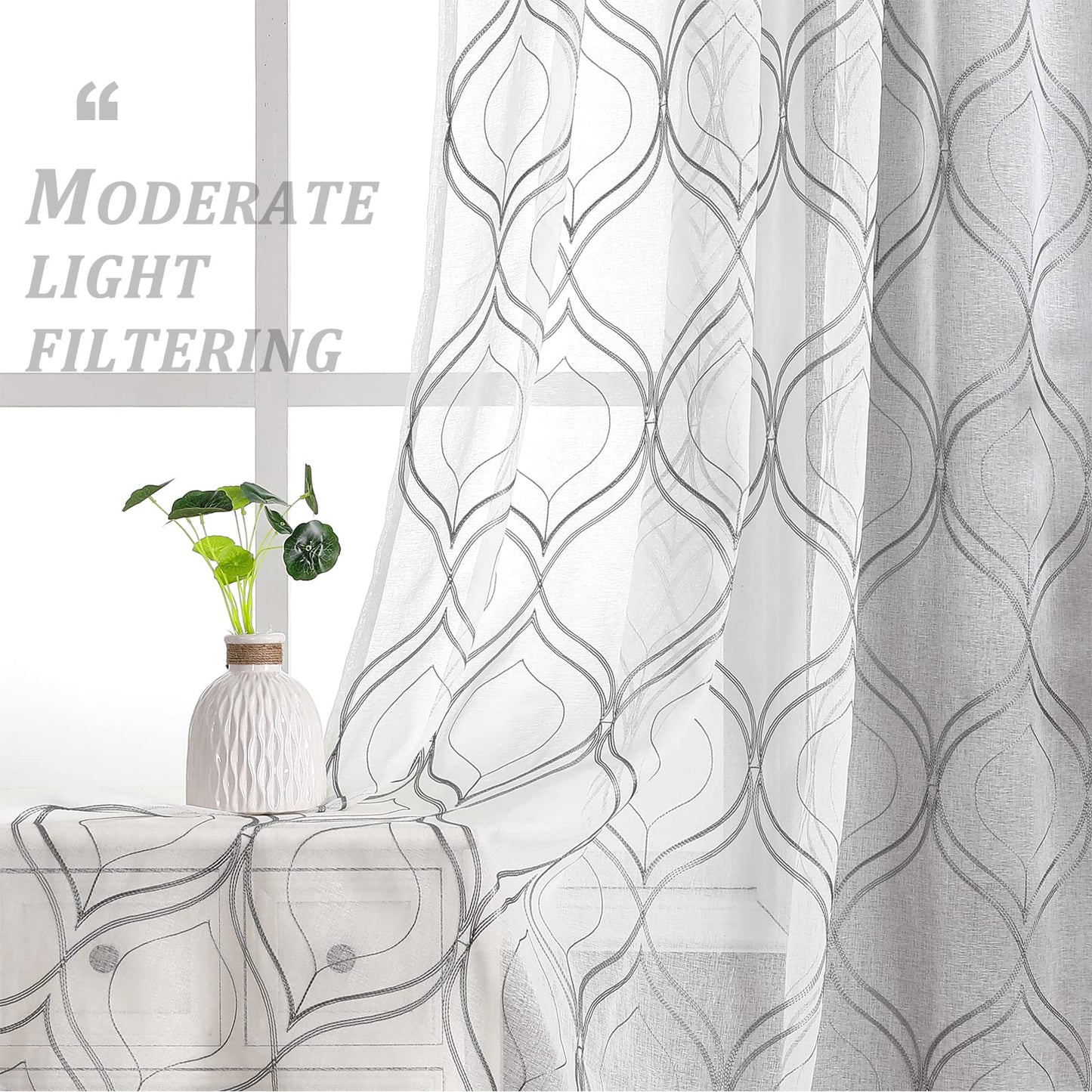 VISIONTEX White Sheer Curtains 84 Inches Long 2 Panels, Light Filtering Grey Moroccan Trellis Embroidered Semi Sheer Voile Drapes, Rod Pocket Textured Window Curtain for Bedroom Living Room 54W x 84L