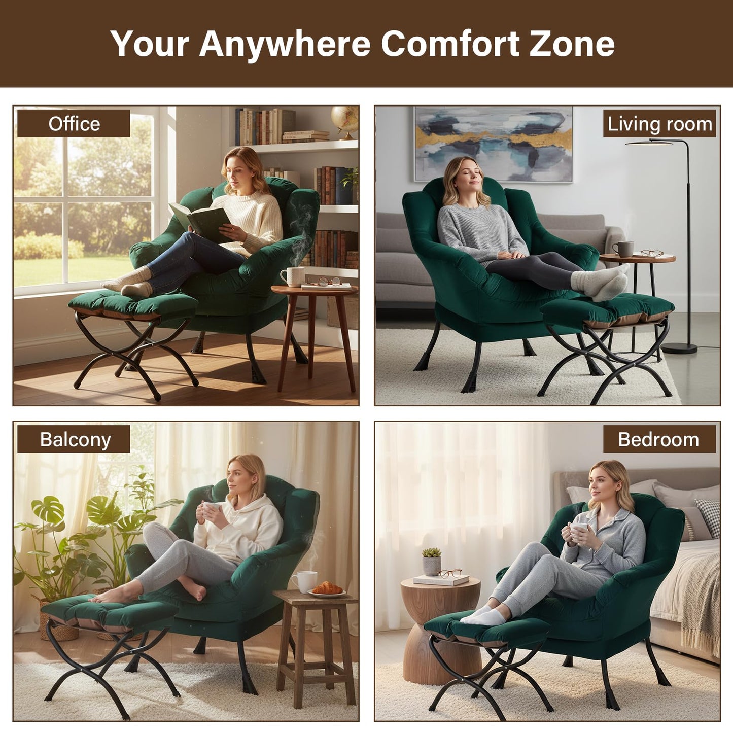 Welnow Lazy Chair with Ottoman, Modern Accent Chair with Armrests and a Side Pocket, Leisure Sofa Armchair, Reading Armchair with Footrest for Small Space, Dark Green