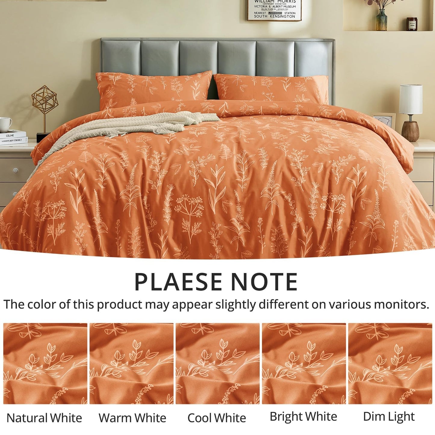 MUXHOMO Duvet Cover King Size, Reversible Floral Caramel Duvet Cover Set with Zipper Closure, 3 Pieces Botanical Patterns Soft Microfiber Bedding Set with 4 Ties (90"x104", 2 Pillow Cases)