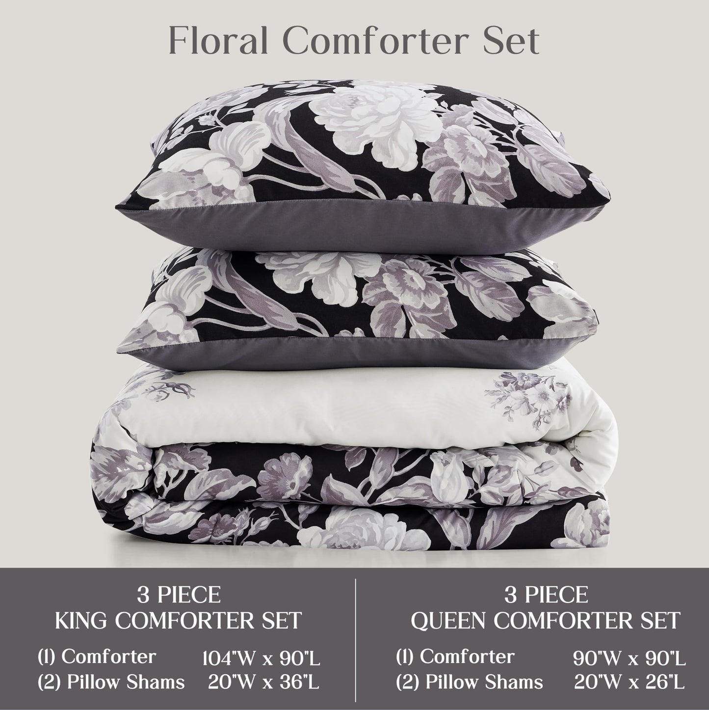 Wonderful Black and White Floral Comforter Set Queen - 3 Pieces Botanical Floral Printed Bedding with Pillow Sham, Morden Farmhouse Flowers Bedding Sets for All Season