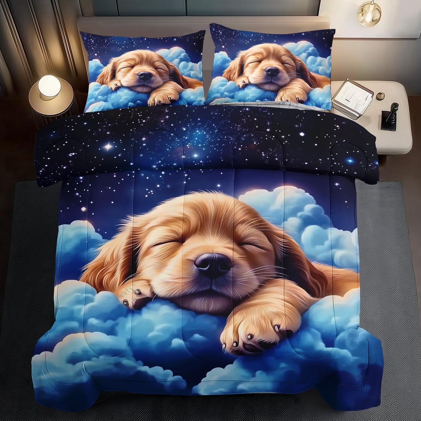 llyxsesty Blue Cute Dog Comforter Set Queen for Kids Blue Animal Bedding Set Boys Kawaii Dog Kids Comforter Queen Quilt Animal Bedroom Decor Starry Sky Bedding Bedroom Decor