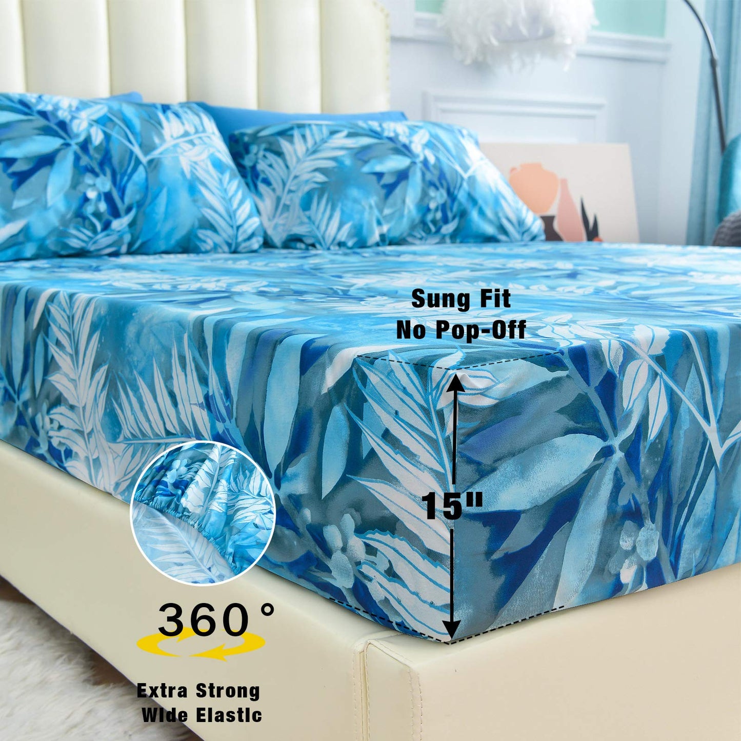 JSD Blue Tropical Leaves Print Sheet Set King Size, 6 Piece Soft Pattern Microfiber Bed Sheets Extra Deep Pocket