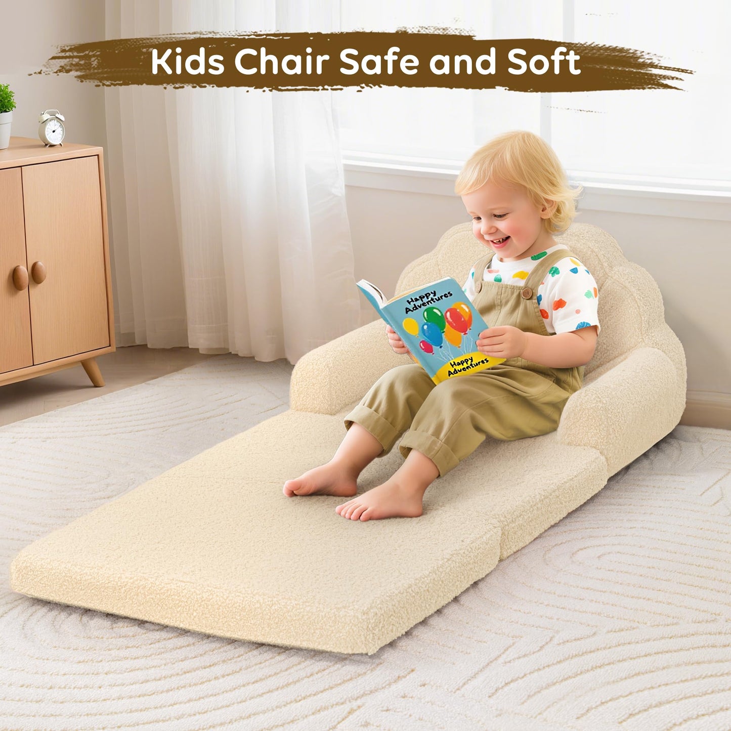 Airpanda Cozy Kids Couch and Chair, Fold Out Foam Sofa, Beige