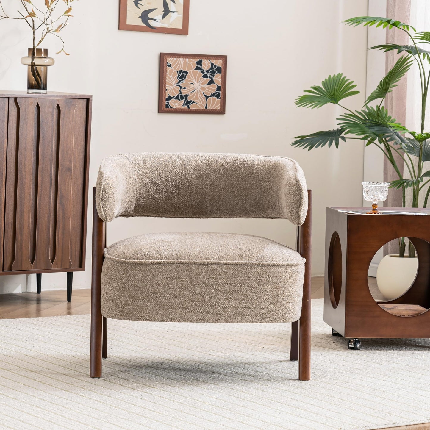 Rowill Boucle Accent Chair Set of 2, Round Upholstered Arm Barrel Chairs with Curved Backrest, Solid Wood Legs, Thick Cushion, for Living Room, Reading Nooks, Sunroom, Balcony, Bedroom, Brown