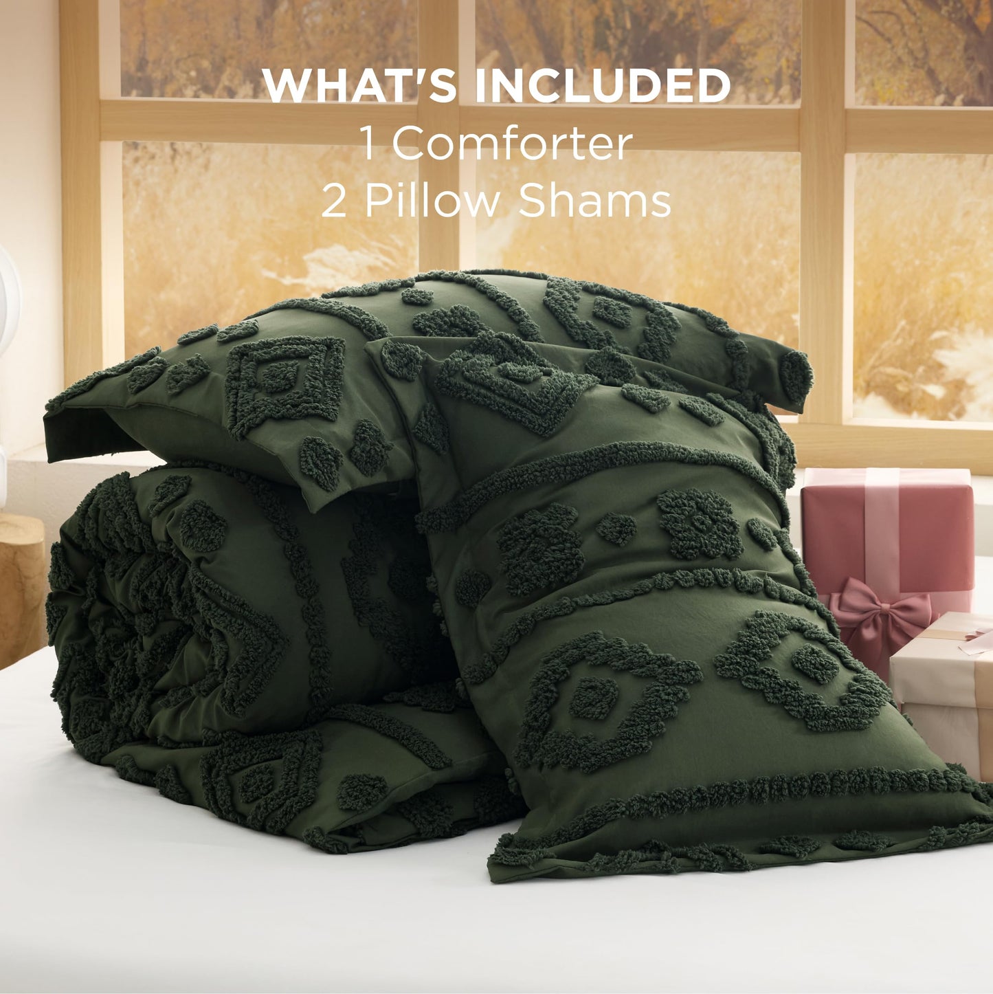 Bedsure Boho Tufted Green Comforter King Size, GentleSoft™ 3 Pieces Boho Farmhouse-Style Decor Bedding, Exquisite Bedding for All Seasons, 1 Bed Comforter, 2 Pillow Shams, 104x90 Inches