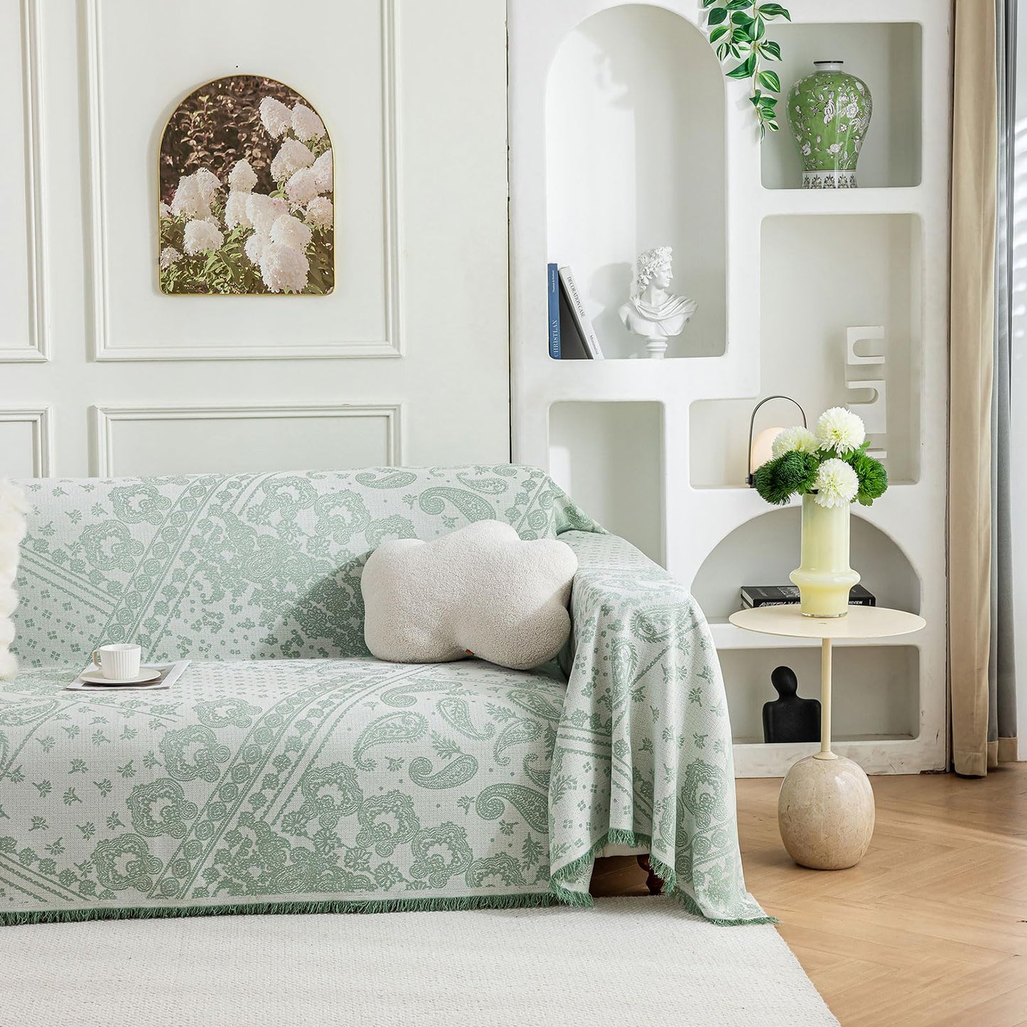 ROOMLIFE Green Couch Covers for Sofa, Sofa Covers Washable Non Slip Furniture Protector Couch Sofa Covers for 3 Cushion Couch, Breathable Sofa Slipcovers Couch Cover Blanket with Tassels 71" X 134"