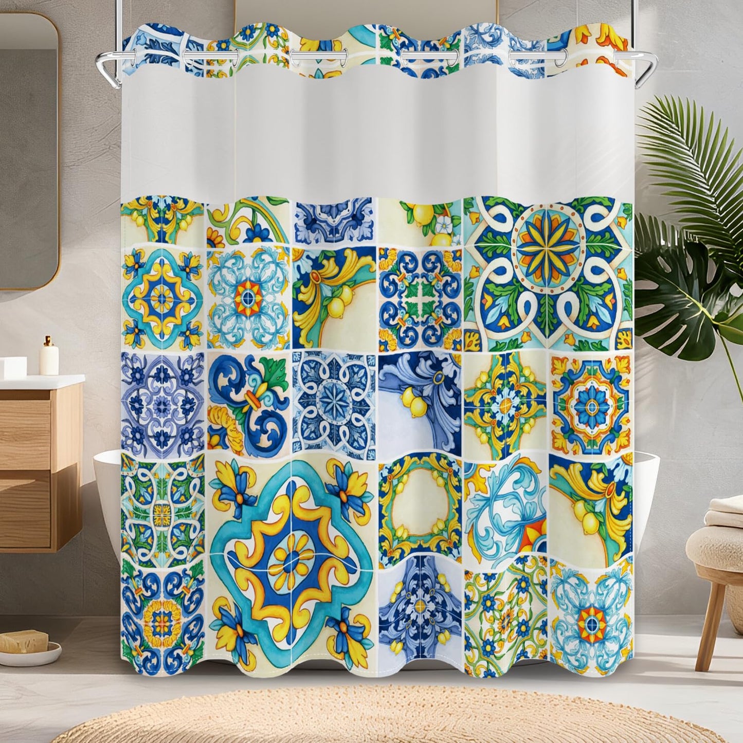 No Hook Shower Curtain with Snap in Fabric Liner Set, Waterproof & Washable, Boho Mediterranean Blue Yellow Lemon Floral Shower Curtains for Bathroom, Colorful Bathroom Curtain, House Gift, 71x74 inch