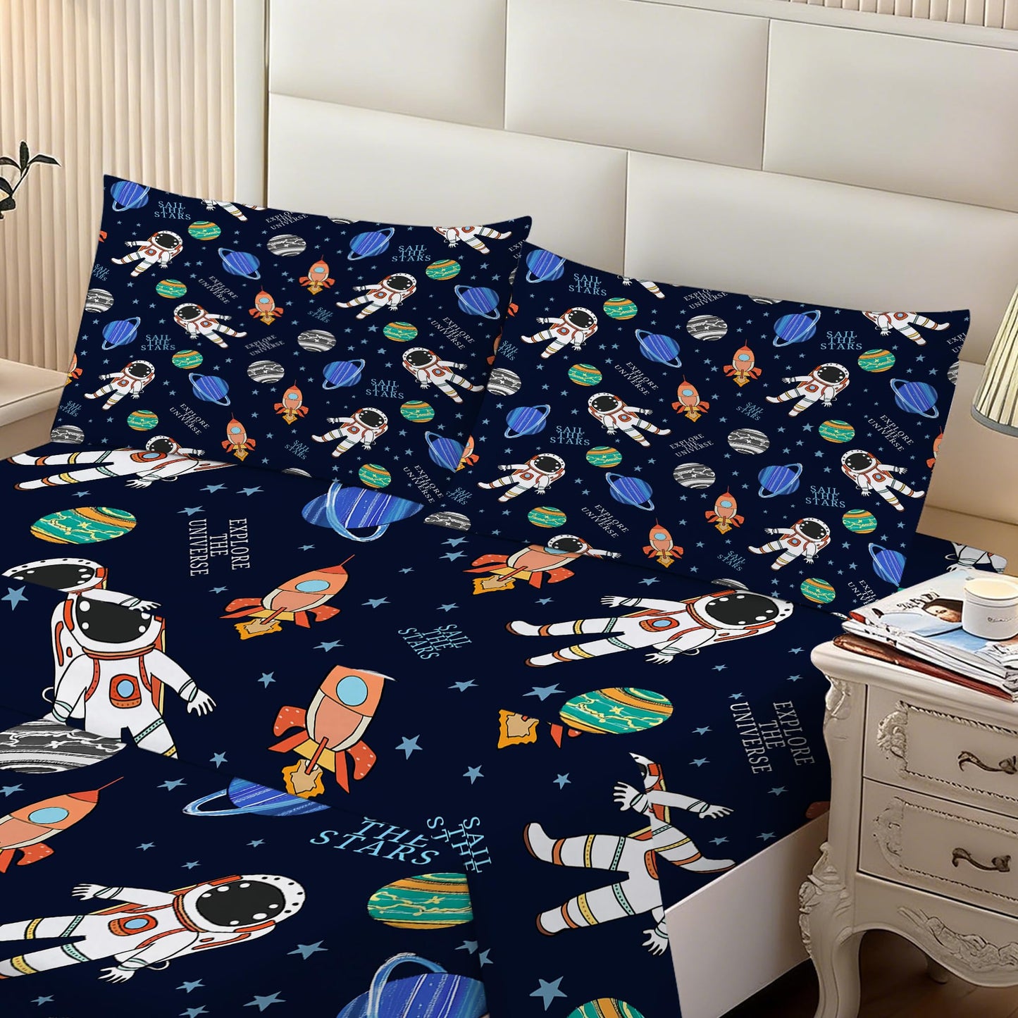 VTKON Navy Blue Space Sheets Set Twin for Boys Bedroom Kids Cartoon Space Rocket Planets Bedding Set with 1 Fitted Sheet, 1 Flat Sheet and 2 Pillowcases