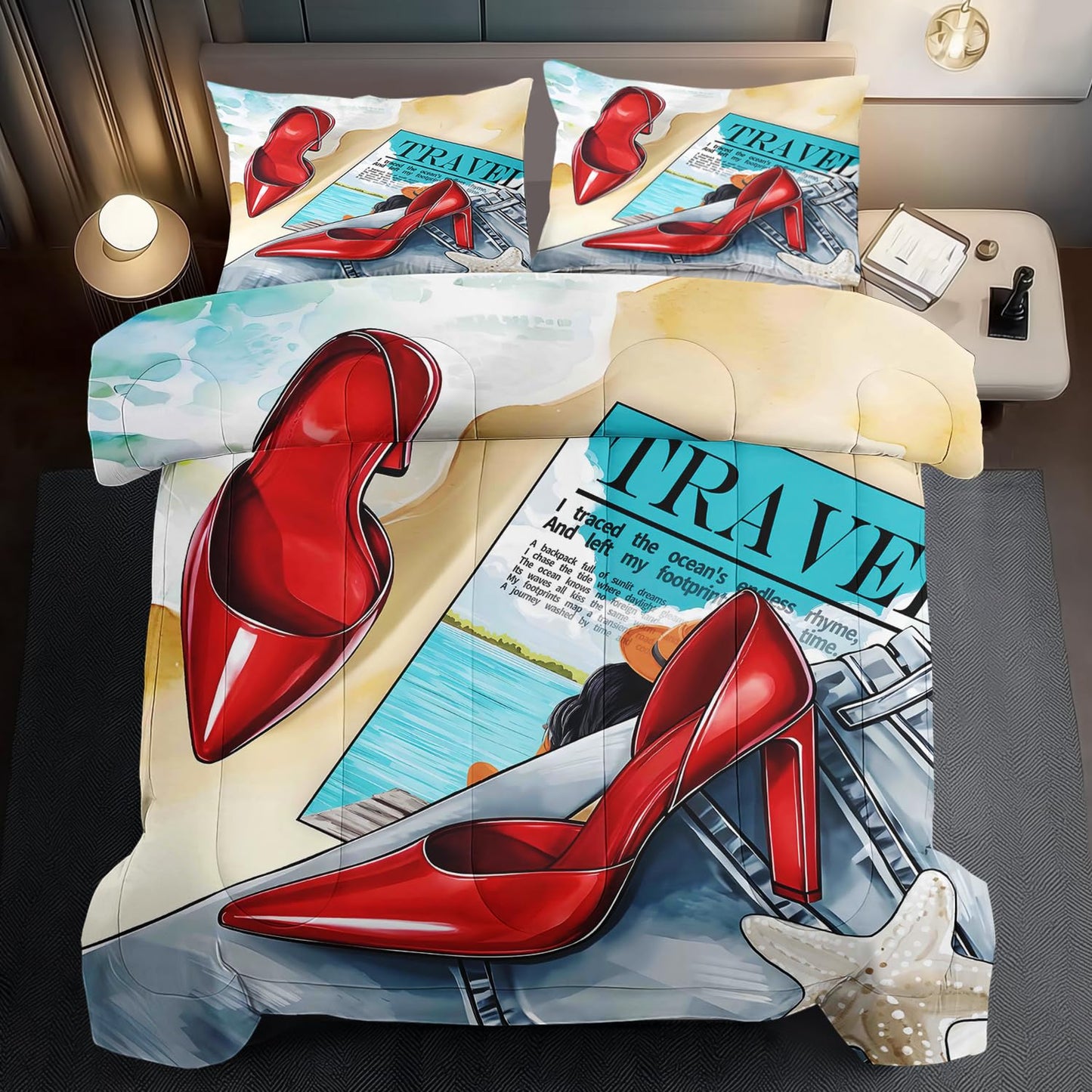 llyxsesty Queen Size Comforter Set, Red High Heels Fashion Bedding Set for Women, Elegant Modern Quilt Set with Pillowcases, Soft Boho Bed Set for Bedroom Decor