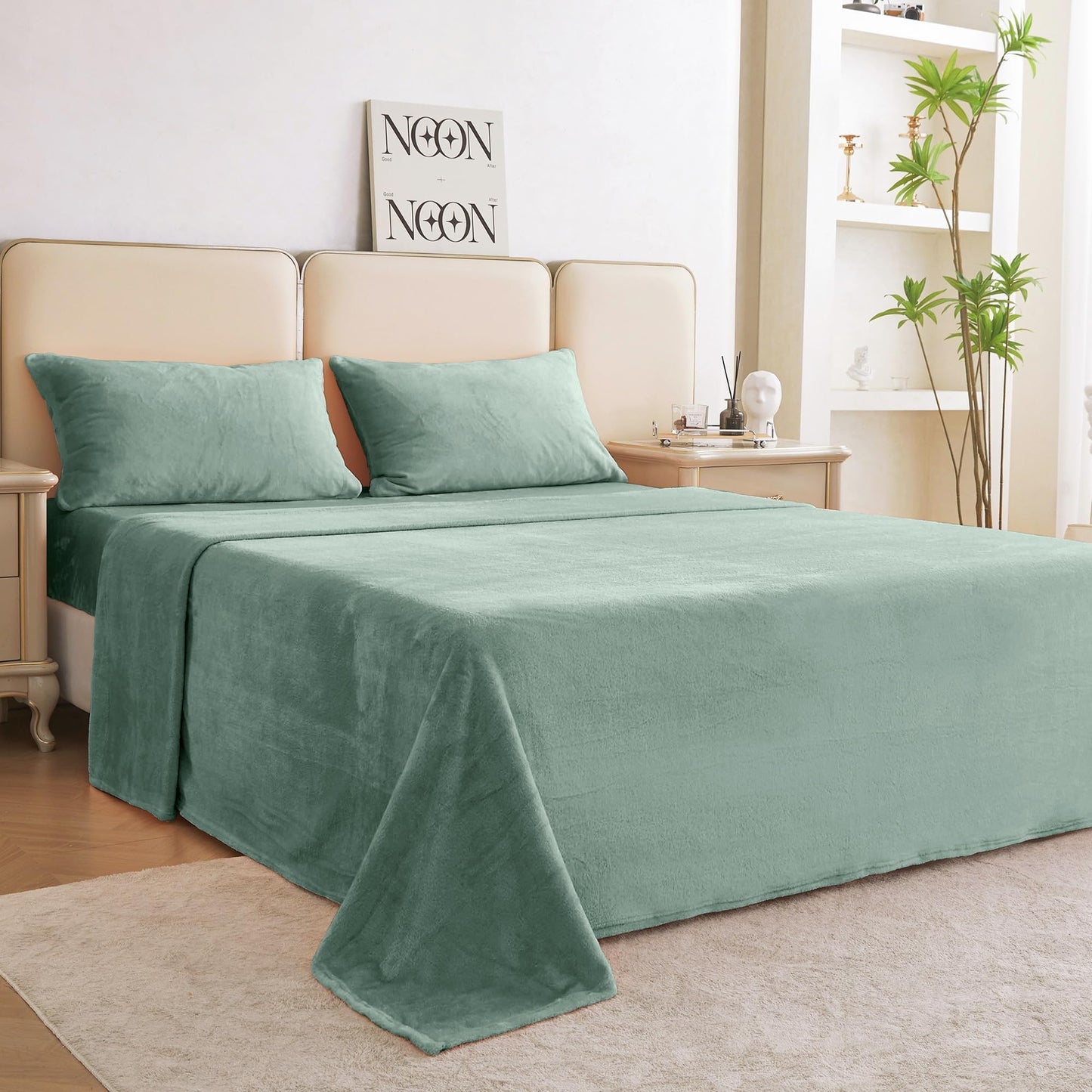 Viviland Plush Micro Polar Fleece Full Bed Sheet Set, Cozy Flannel-Like Velvet/Velour Fitted Sheets with 15" Deep Pocket, Fuzzy Warm Winter Double Sheets & Pillowcase Set, Sage Green
