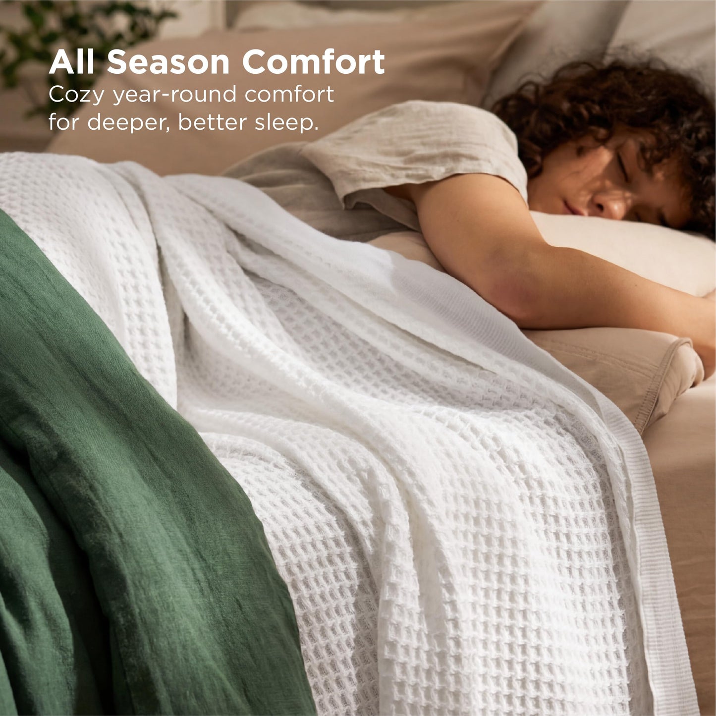 Bedsure 100% Cotton Blanket Queen Size for Bed - Cooling Breathable and Soft for Summer, Thick Cozy Waffle Weave Blanket Gifts for Women, White, 90x90 Inches