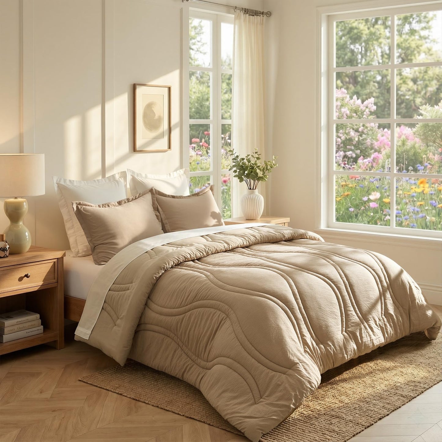 King Size Comforter Set 3 Pieces: Taupe Quilted 104"X90" Comforter With Vase Striped Pattern Design- Modern Dark Khaki Cozy Fluffy Soft All Seasons Jacquard Bed Set with 2 Pillow Shams for Bedroom