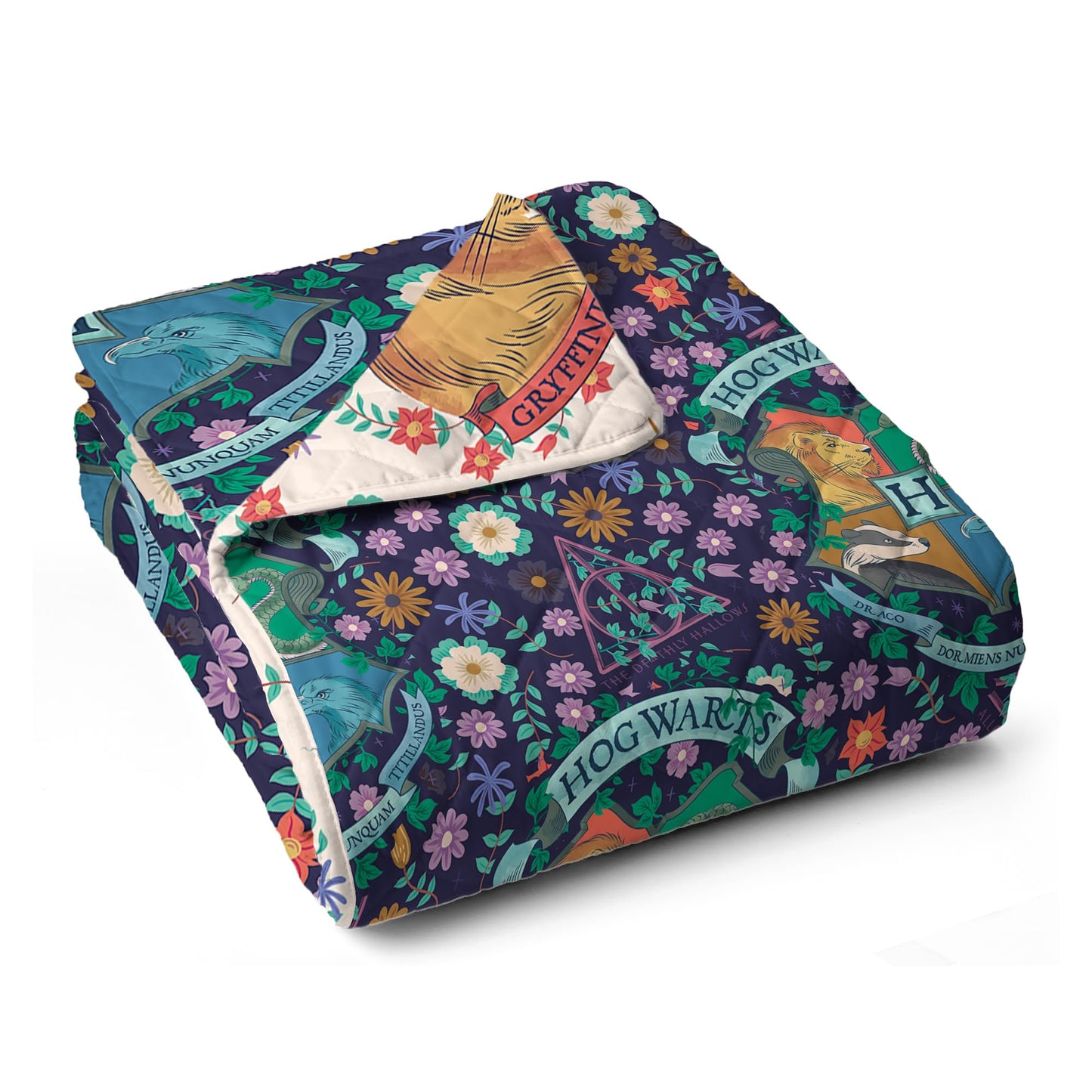 Harry Potter Botanical Crests Twin Quilted Throw Blanket Adults Boys Girls, Soft Lightweight Bedding for Bed, or Couch, 60 x 90 inches