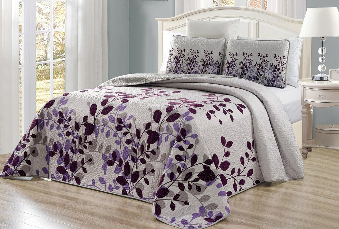 3-Piece Fine Printed Oversize (115" X 95") Fresca Quilt Set Reversible Bedspread Coverlet King Size Bed Cover (Purple, Grey, Vine)