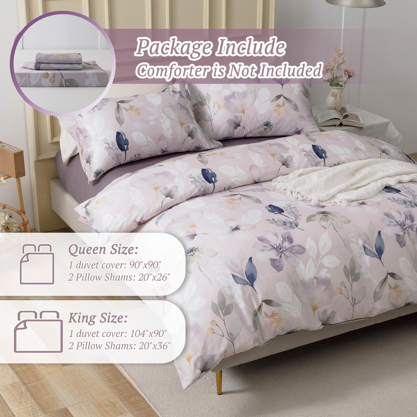 MILDLY 100% Long-Staple Cotton Duvet Cover Set Light Gray Pink Floral Leaf Pattern Printed Comforter Cover 3pcs, Ultra Soft & Breathable Bedding Set