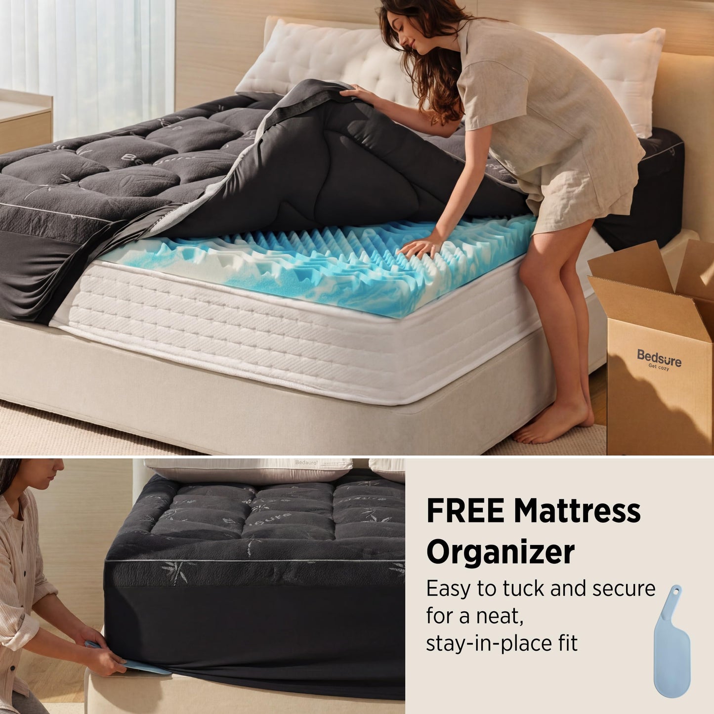 Bedsure Dual-Layer 5 Inch Memory Foam Mattress Topper King, 3 Inch Memory Foam + 2 Inch Viscose Made from Bamboo Mattress Topper Pad Cover, Breathable & Pressure Relief, Black