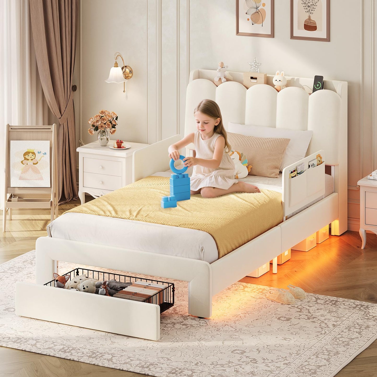 DICTAC Twin Size LED Bed Frame with Storage Drawer and Safety Guardrails, Velvet Upholstered Platform Bed for Kids with Chic Wavy Storage Headboard, Charging Station, Heavy Duty Metal Support, Beige