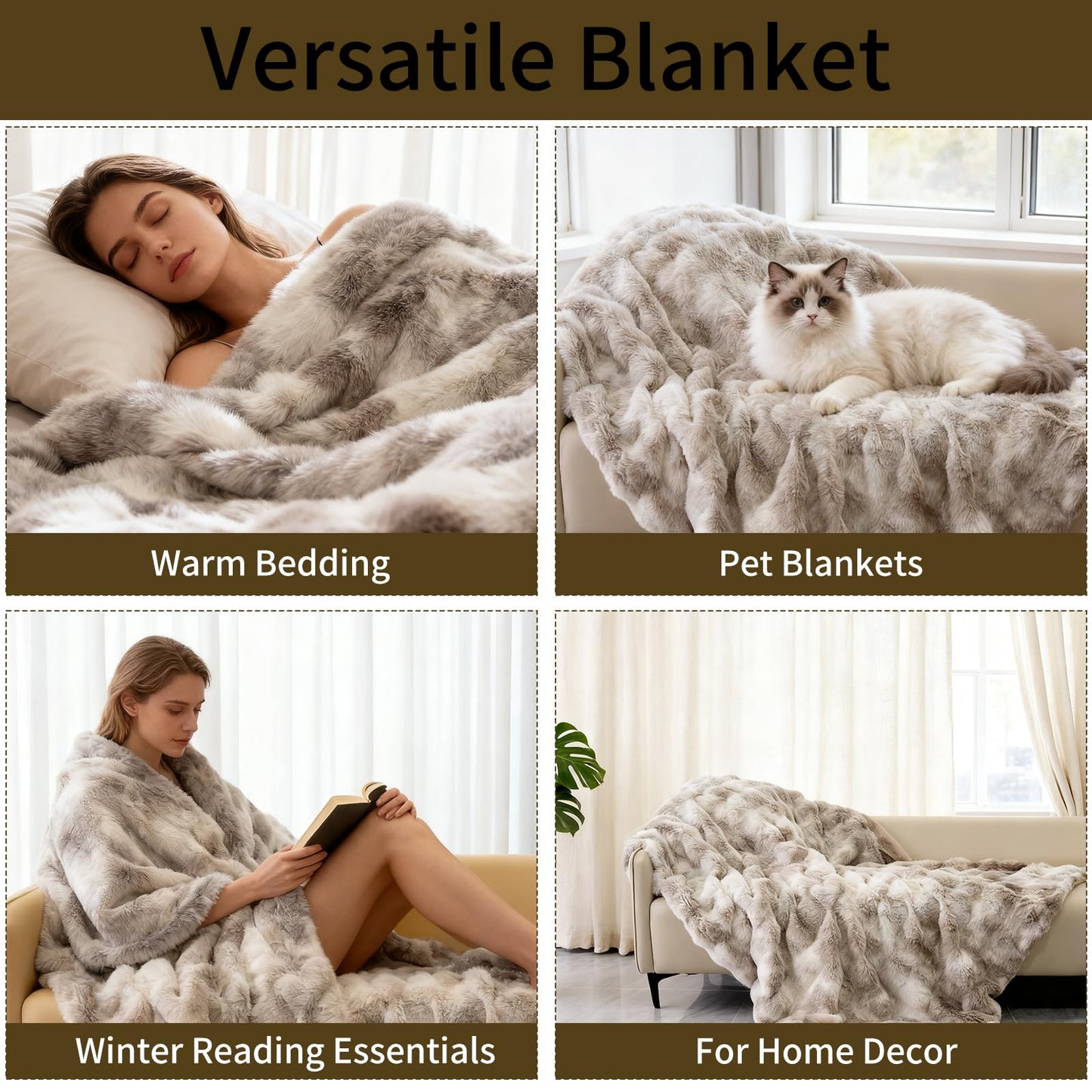 Seuqhck Faux Fur Throw Blanket, Soft and Plush Thick Bubble Blanket for Couch, Sofa, Bedroom and Living Room, 60 x 50 Inches, Tie-Dye Taupe