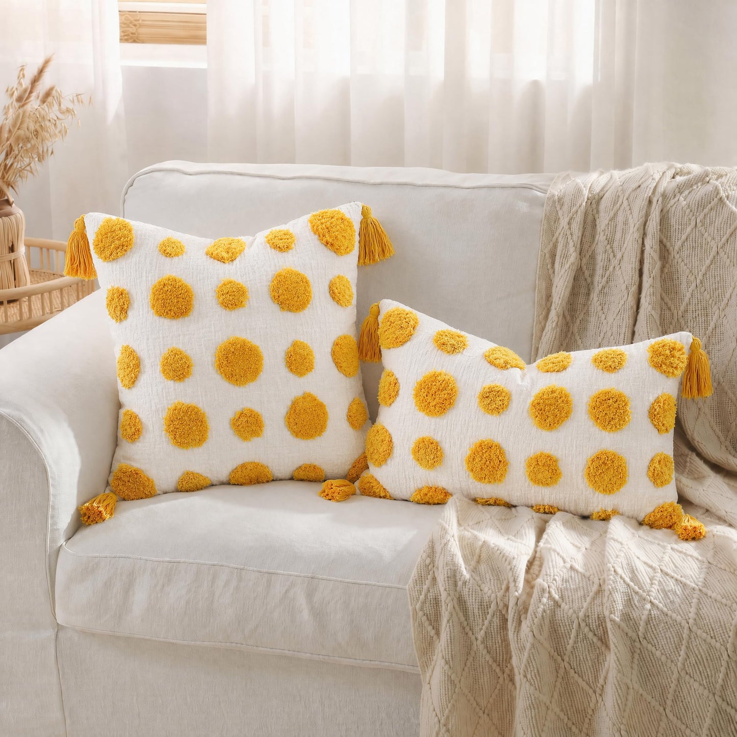 PANOD Super Soft Farmhouse Decorative Plush Throw Pillow Covers 16 x 16 Yellow,Solid Pom pom Tufted with Tassels Modern Accent Boho Square Cushion Cover Pillow Case for Couch Sofa