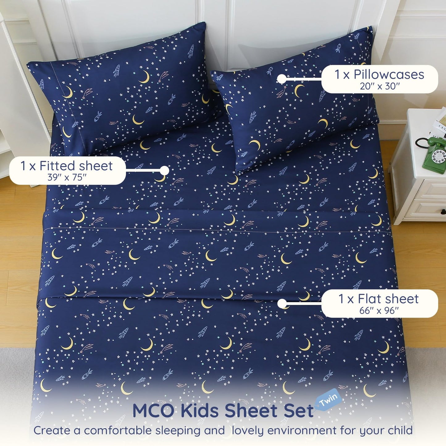 MCO Twin Sheets Set Kids, Soft Microfiber Bed Sheet Set for Boy Girls, 3 Pieces Breathable Twin Sheets Starry Sky
