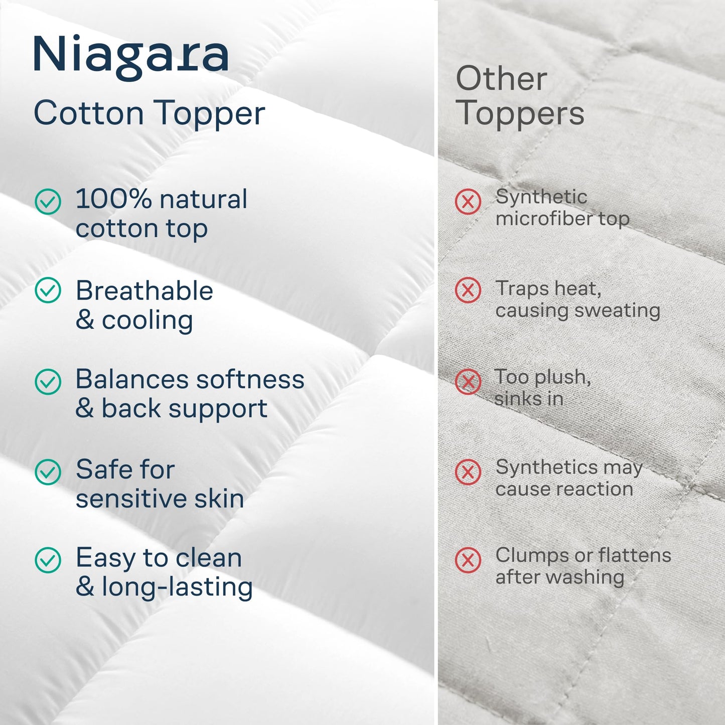 Niagara Sleep Solution Cloud-Like Queen Mattress Topper - 100% Cotton Top Mattress Pad for Back Pain Relief - Breathable & Naturally Cooling for Hot Sleepers, White
