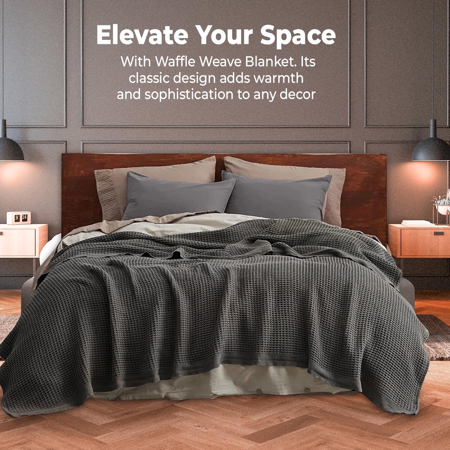 100% Cotton Blankets for Bed - Waffle Weave Blankets for Summer, Lightweight and Breathable Soft Woven Blanket for Spring (Dark Grey, Queen (90" x 90"))