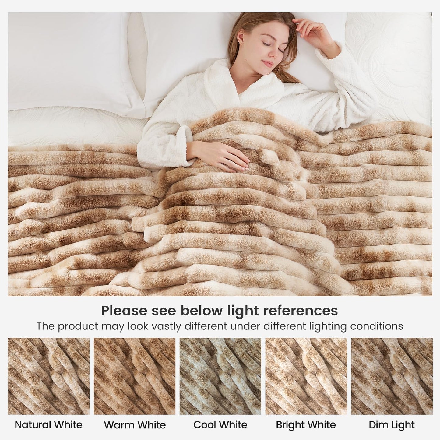Cozy Bliss Faux Fur Throw Blanket for Couch, Cozy Warm Plush Striped Blanket for Sofa Bedroom Living Room, 50 * 60 Inches Tie-dye Khaki
