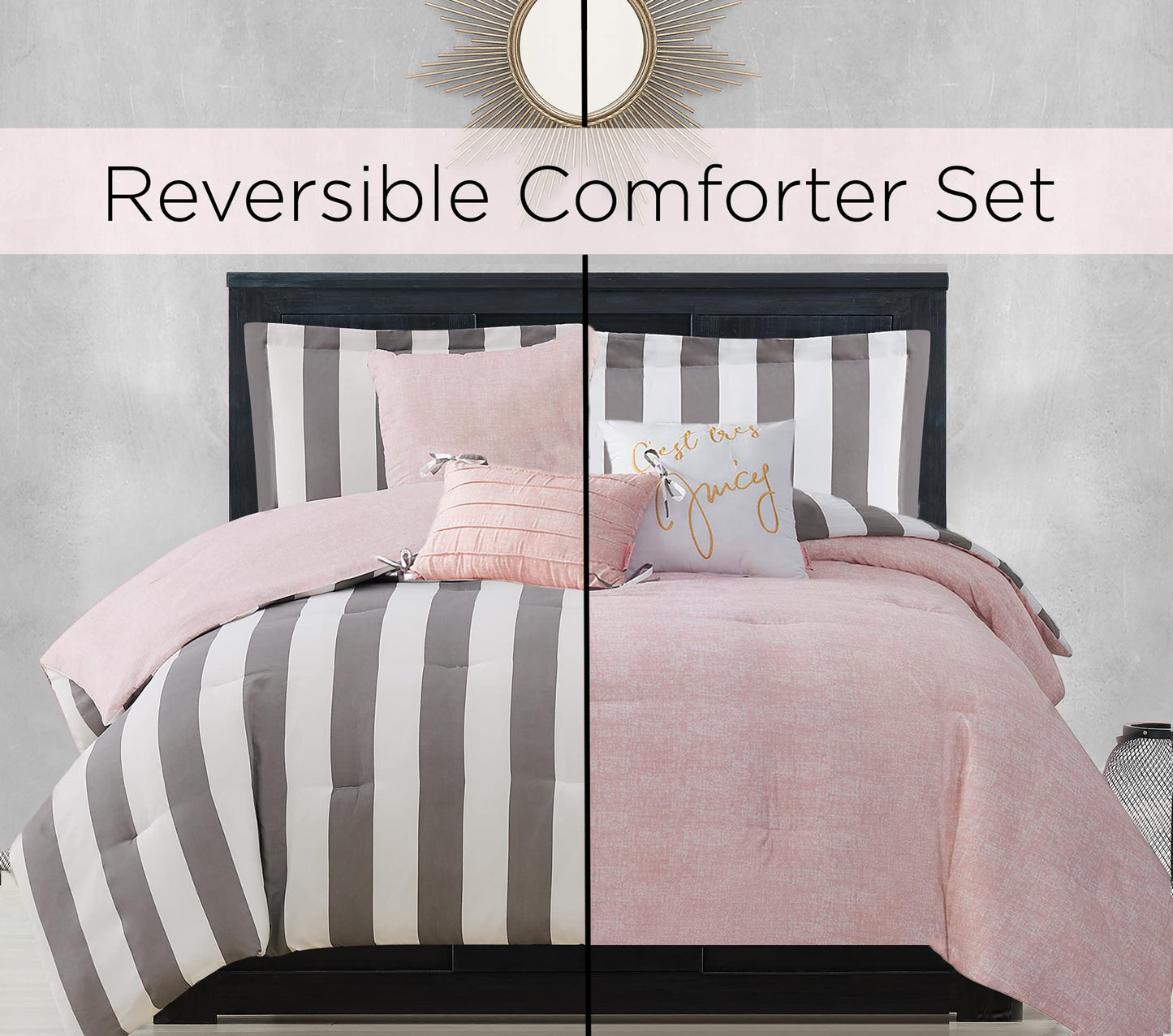 Juicy Couture JYZ012630 Cabana Stripe 6-Piece Reversible Set, Queen Grey/White