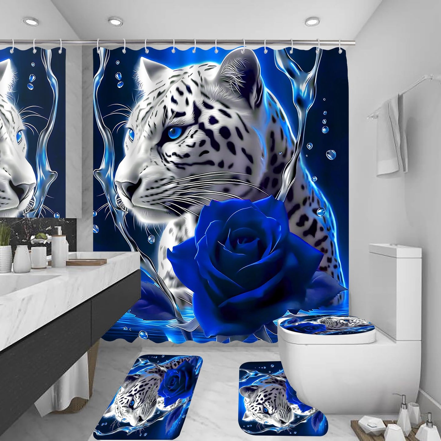 beifivcl 4PCS Blue Rose and Leopard Shower Curtain Bathroom Set with Non-Slip Rugs, Toilet Lid Cover and Bath Mat, Blue Bathroom Decor Set Accessories Shower Curtains with 12 Hooks, 72 x 72 Inch